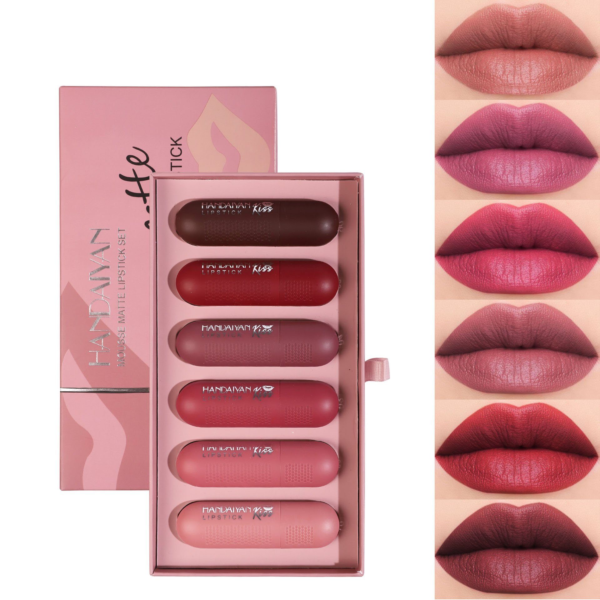 POCHUMIDUU Lippenstift-Set 6 Farben Matt Lippenstift Set Lippenstift Set Nude Long Lasting, 6-tlg.