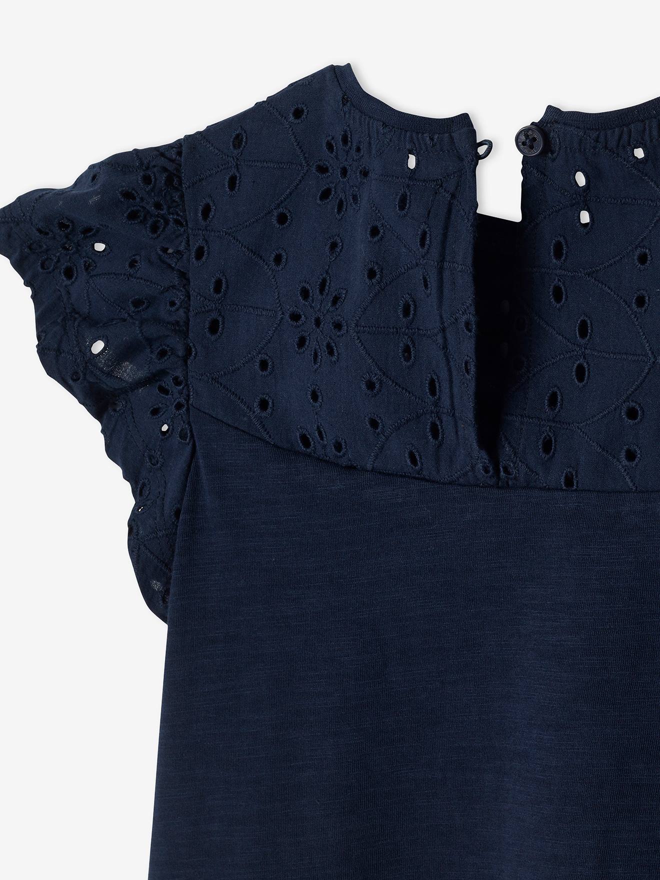 T-shirt fille avec détails broderie anglaise bleu marine