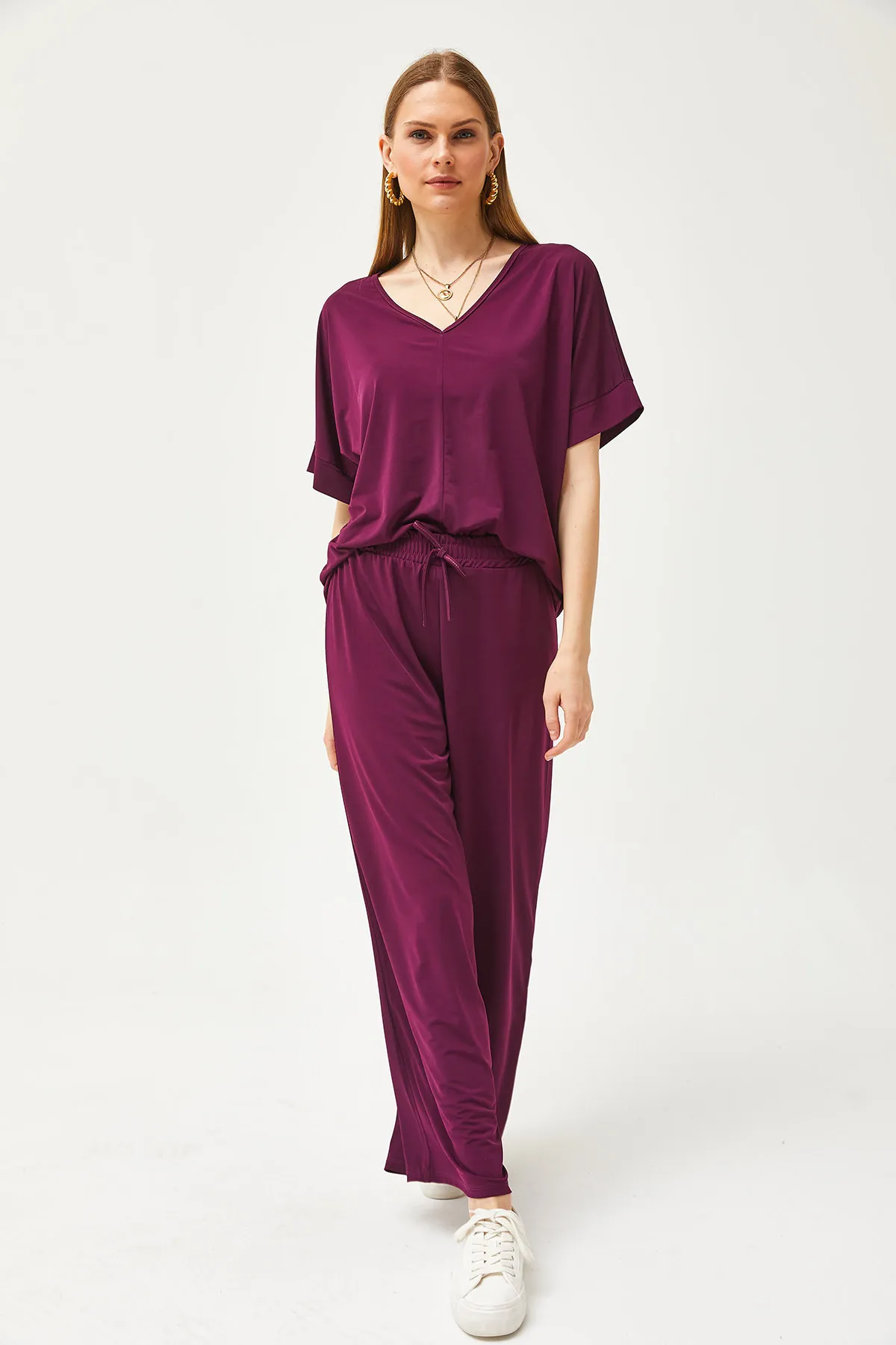 Olalook  Damen Pflaume Top Bluse Unterteil Palazzo Locker Strick Set TKM-19000267