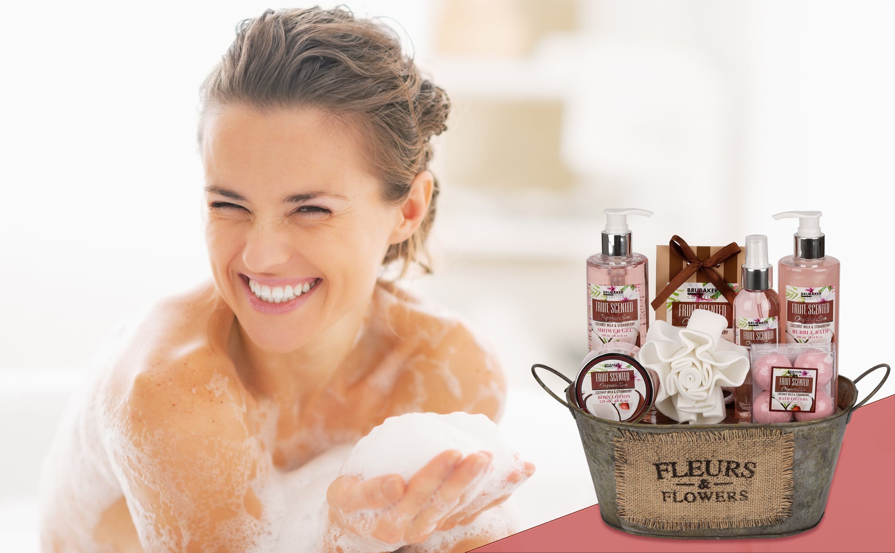 BRUBAKER Pflege-Geschenkset Dusch- und Badeset mit Kokosnuss & Erdbeer Duft Set, 11-tlg., Frauen Geschenk Set in Vintage Wanne, Wellness Pflegeset für Damen