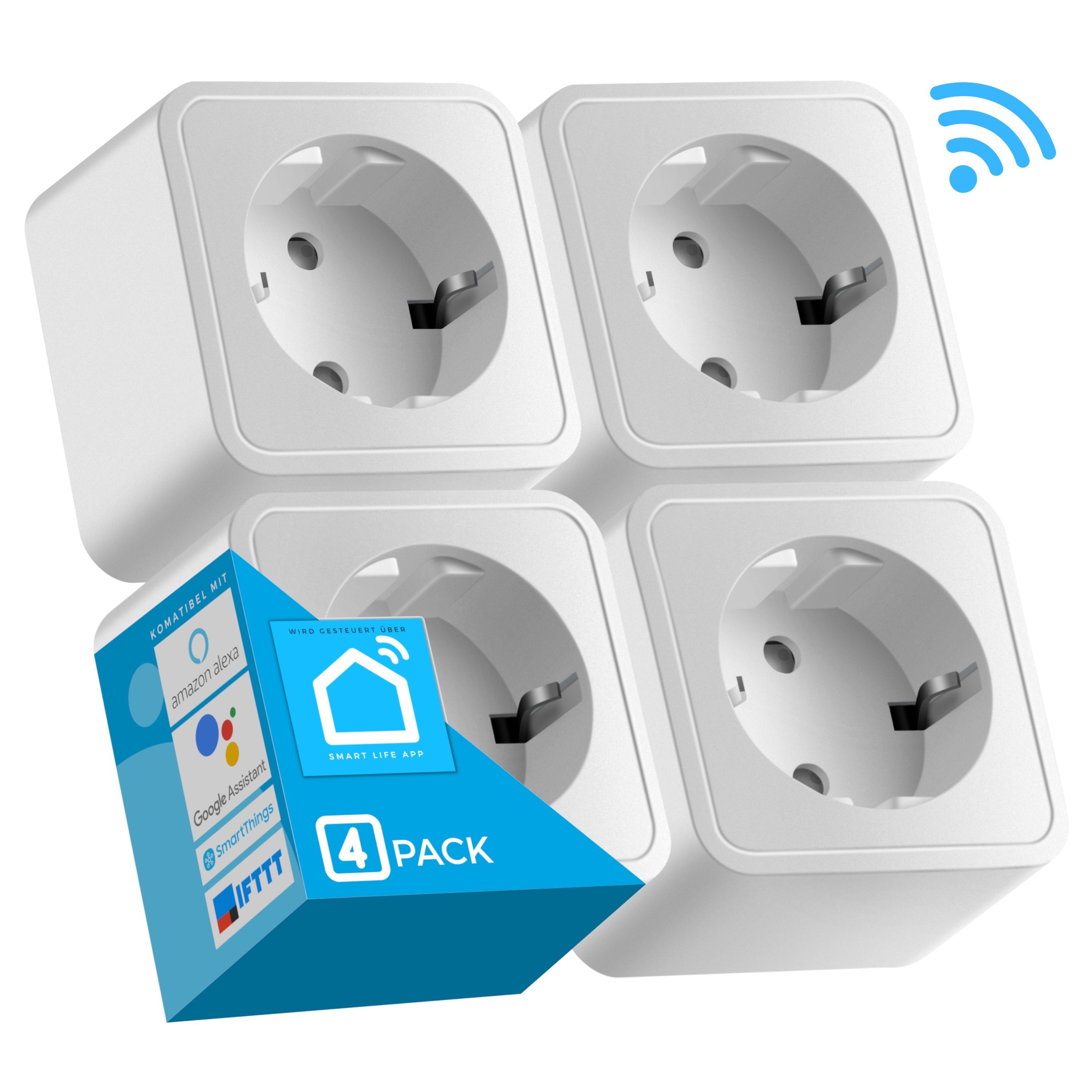 echos WLAN-Steckdose Eco-4060, max. 3680 W, Spar-Set, 4er Pack, Steuerung per App, Alexa/ Google kompatibel, WLAN, 2.4 GHz, Smart Home, Einfache Installation, Kindersicherung, Max. 16A