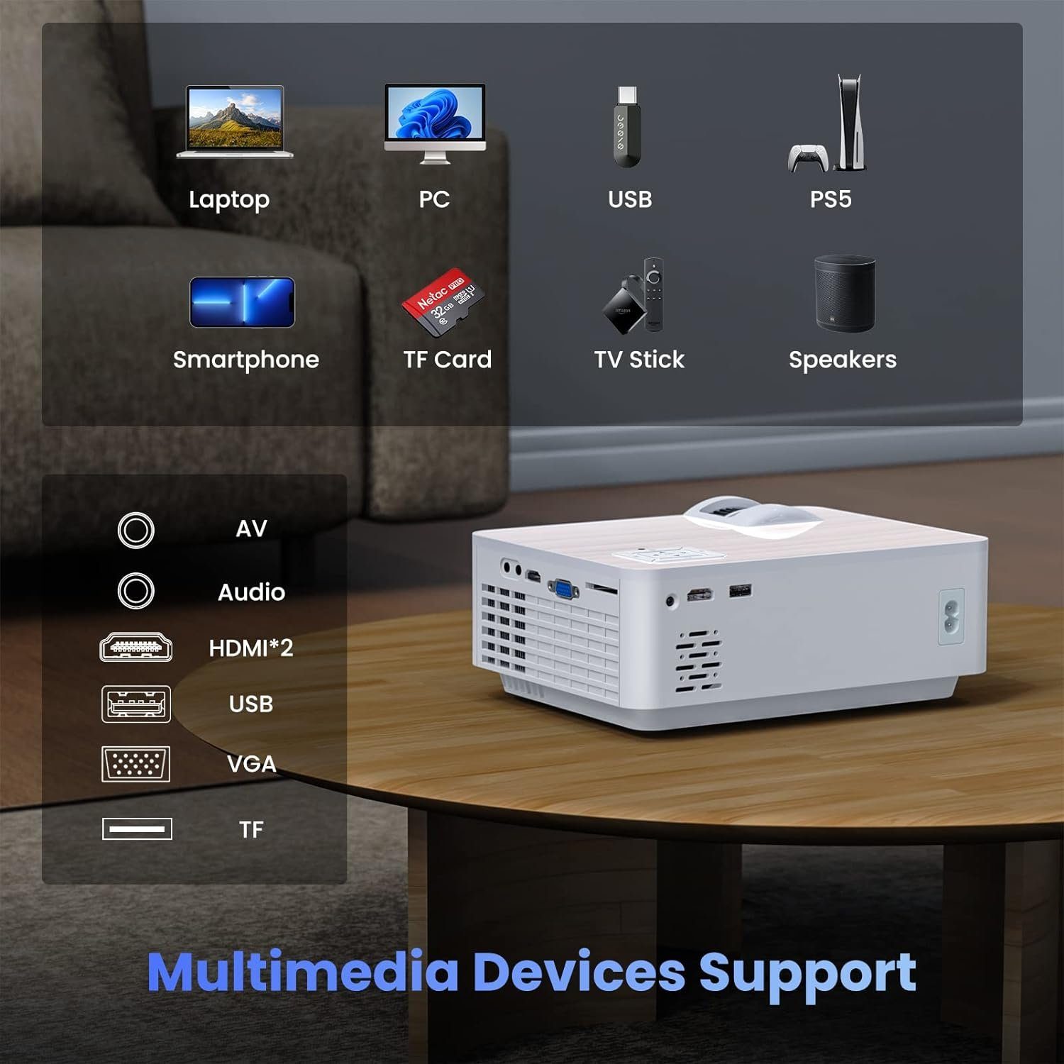TOPVISION Bluetooth 5.1 Mini Beamer Multimedia Heimkino Portabler Projektor (9500 lm, 10000:1, 1920*1080p px, Mit 100'' Bildschirm kompatibel mit HDMI, USB AV Smartphone Pad TV Box)