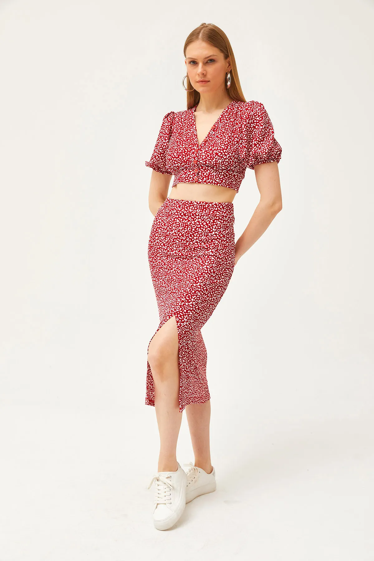 Olalook  Rotes Damen-Set mit Oberteil, Bluse und Schlitz, TKM-19000263