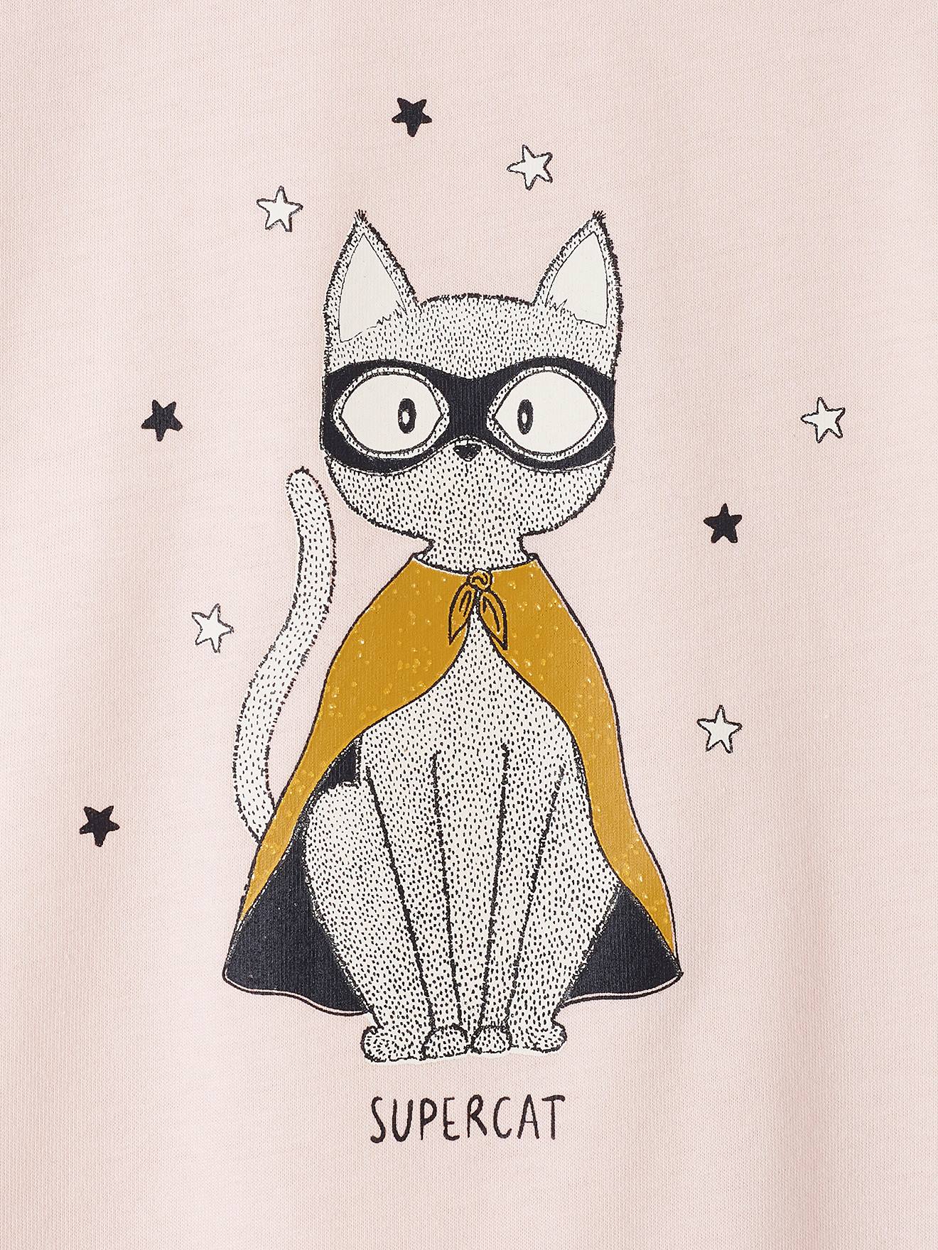 Vertbaudet Mädchen Schlafanzug mit Flanellhose SUPERCAT - hellrosa