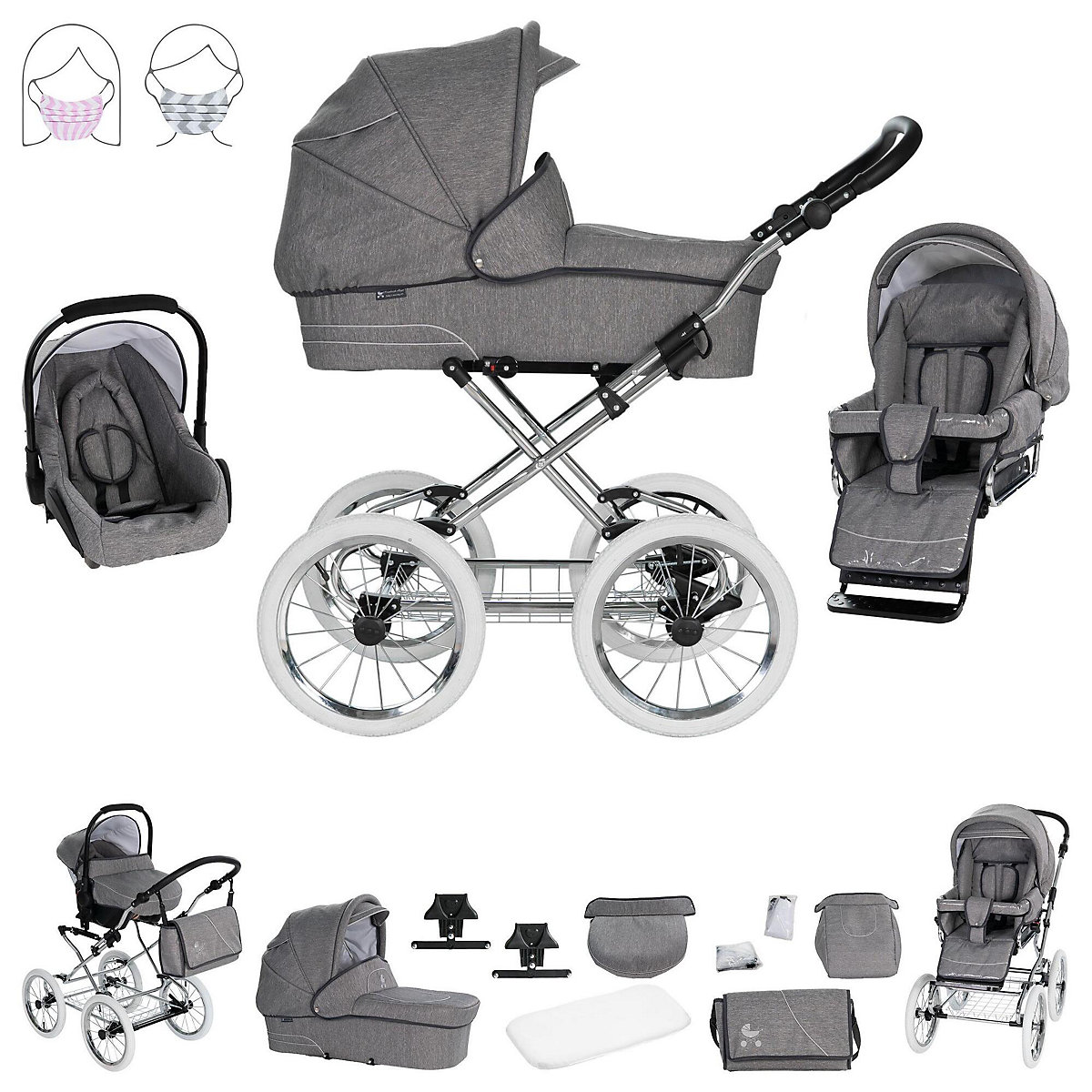 München | 3 in 1 Kombi Kinderwagen Komplettset | Nostalgie Kinderwagen Kombikinderwagen