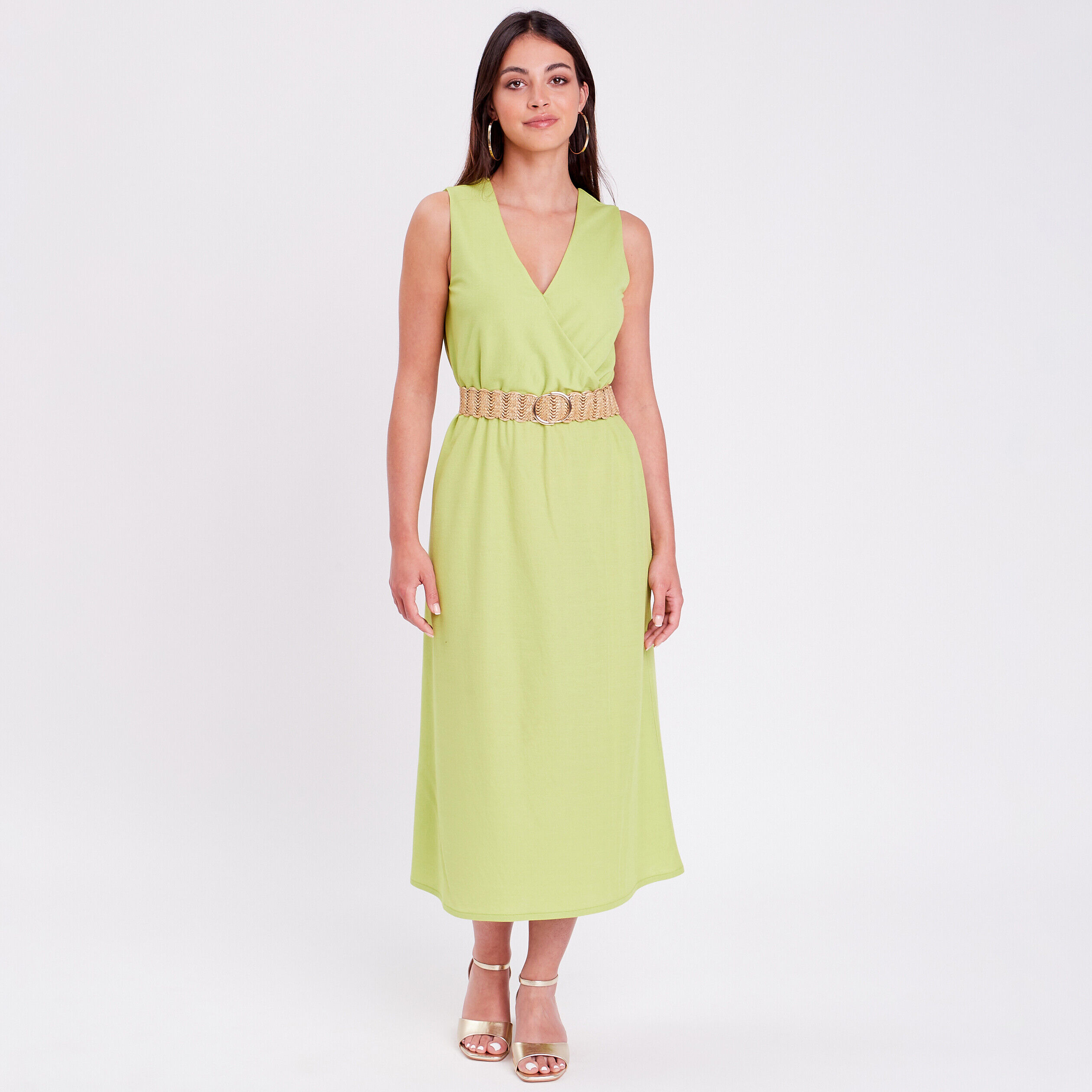 Robe midi évasée ceinturée vert anis femme | Cache Cache