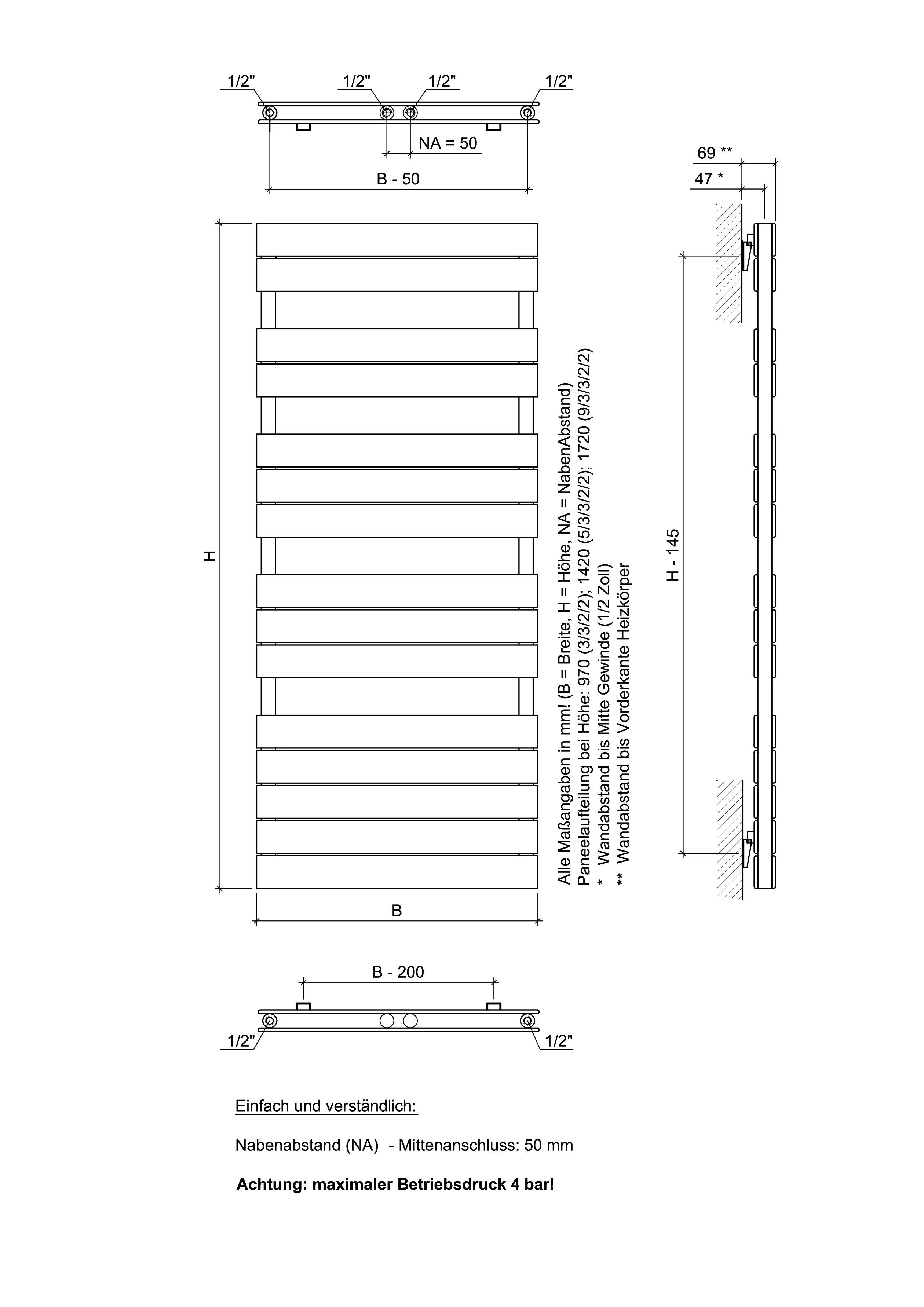 Ximax Badheizkörper P2 Duplex 1720 mm x 600 mm, 1606 Watt, Mittenanschluss, weiß