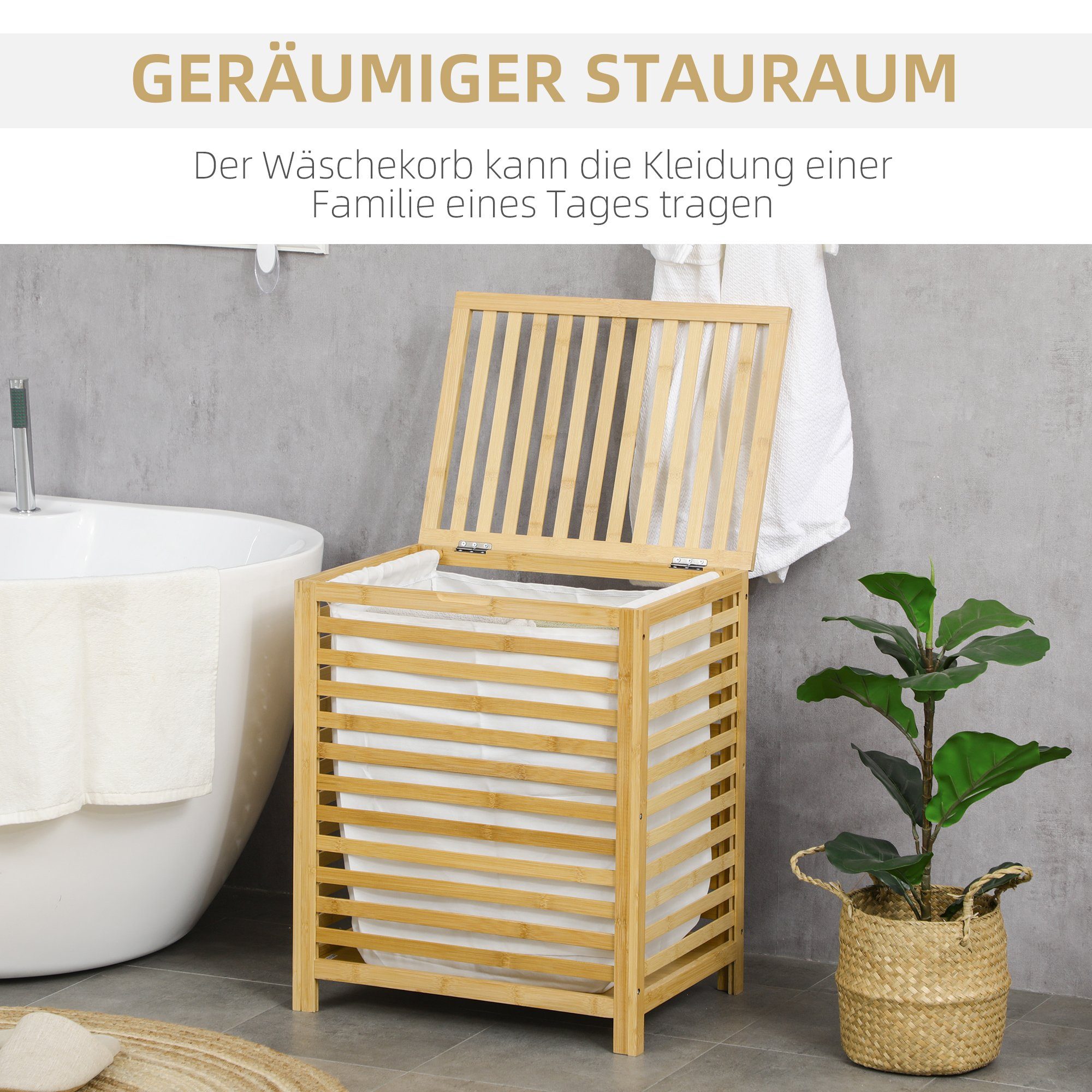 HOMCOM Wäschekorb Wäschesammler aus Bambus, Wäschekorb für Bad, Wäscheständer (Wäschebox, 1 St., Wäschetruhe), mit Deckel und entnehmbarem Wäschesack