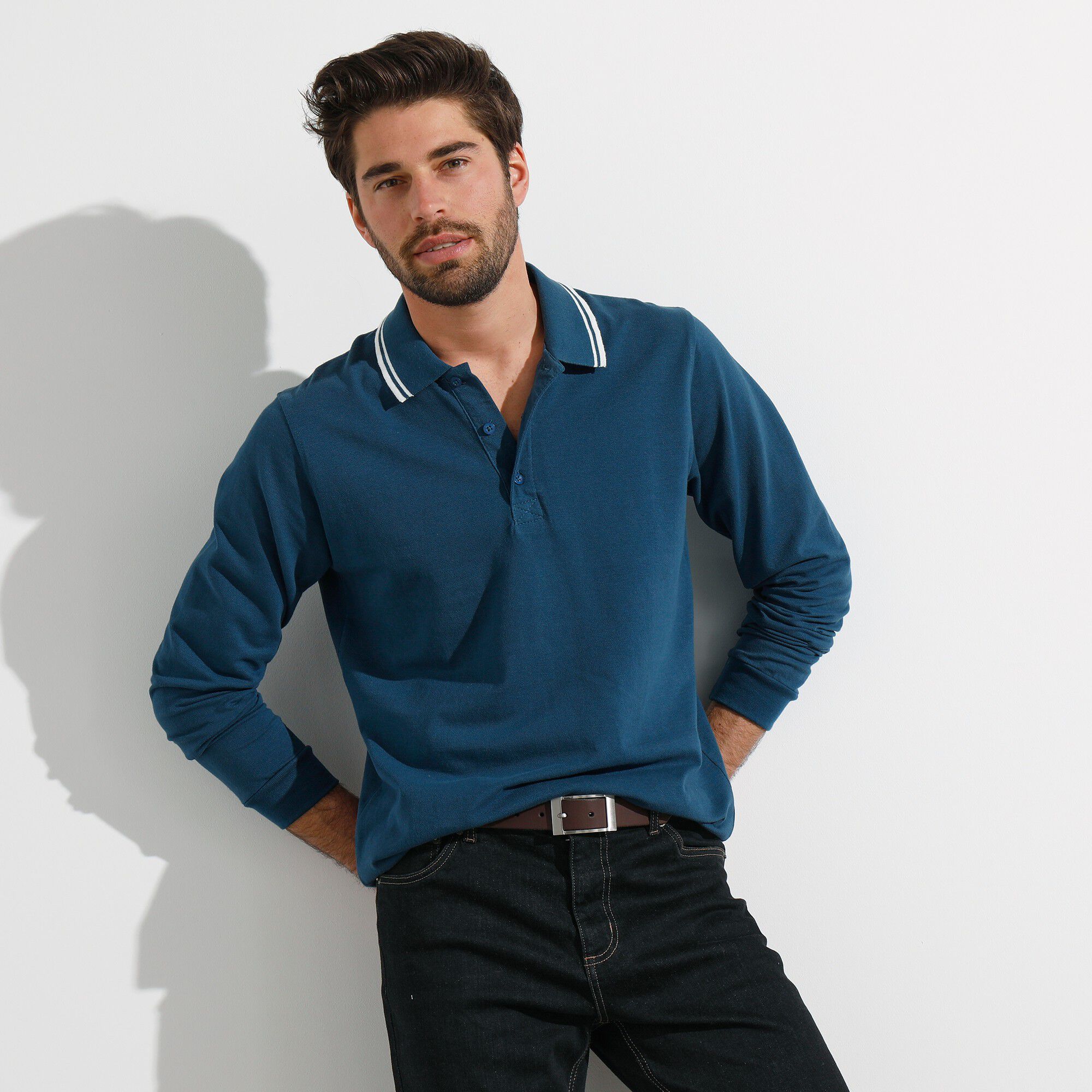 Polo uni maille piquée manches longues