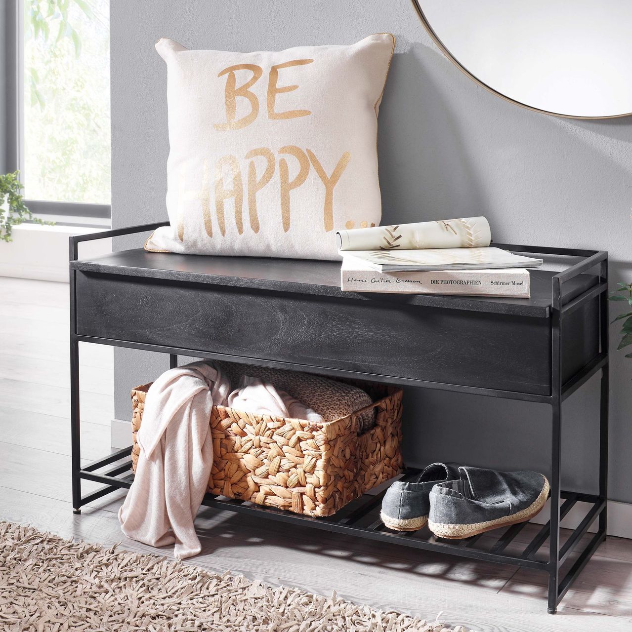 Skyport WOHNLING Sitzbank mit Stauraum Flur 90x52x38 cm Massivholz Flurbank Bank Schwarz