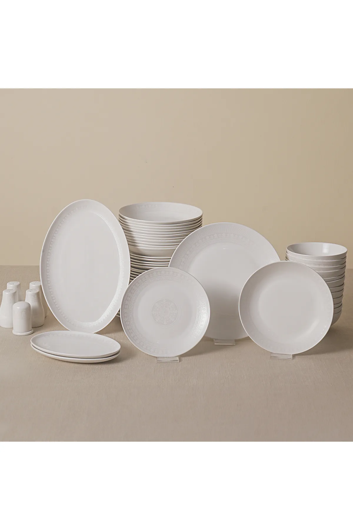 Karaca  Arte 56 Teile Neues Knochengeschirr für 12 Personen, New Bone, Servierplatten, Speiseteller
