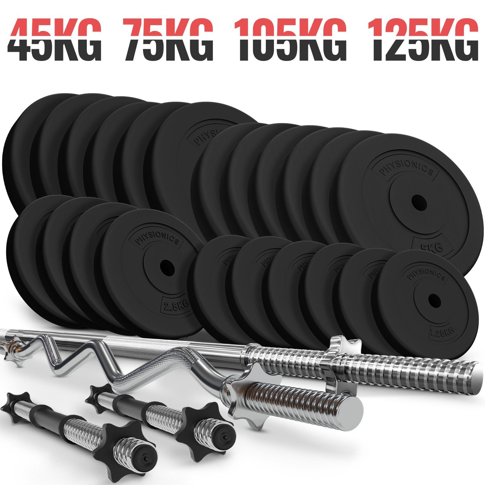Physionics Langhantel Hantelset - 45/75/105/125 kg Set, Langhantel, 2 Kurzhanteln, (Set)