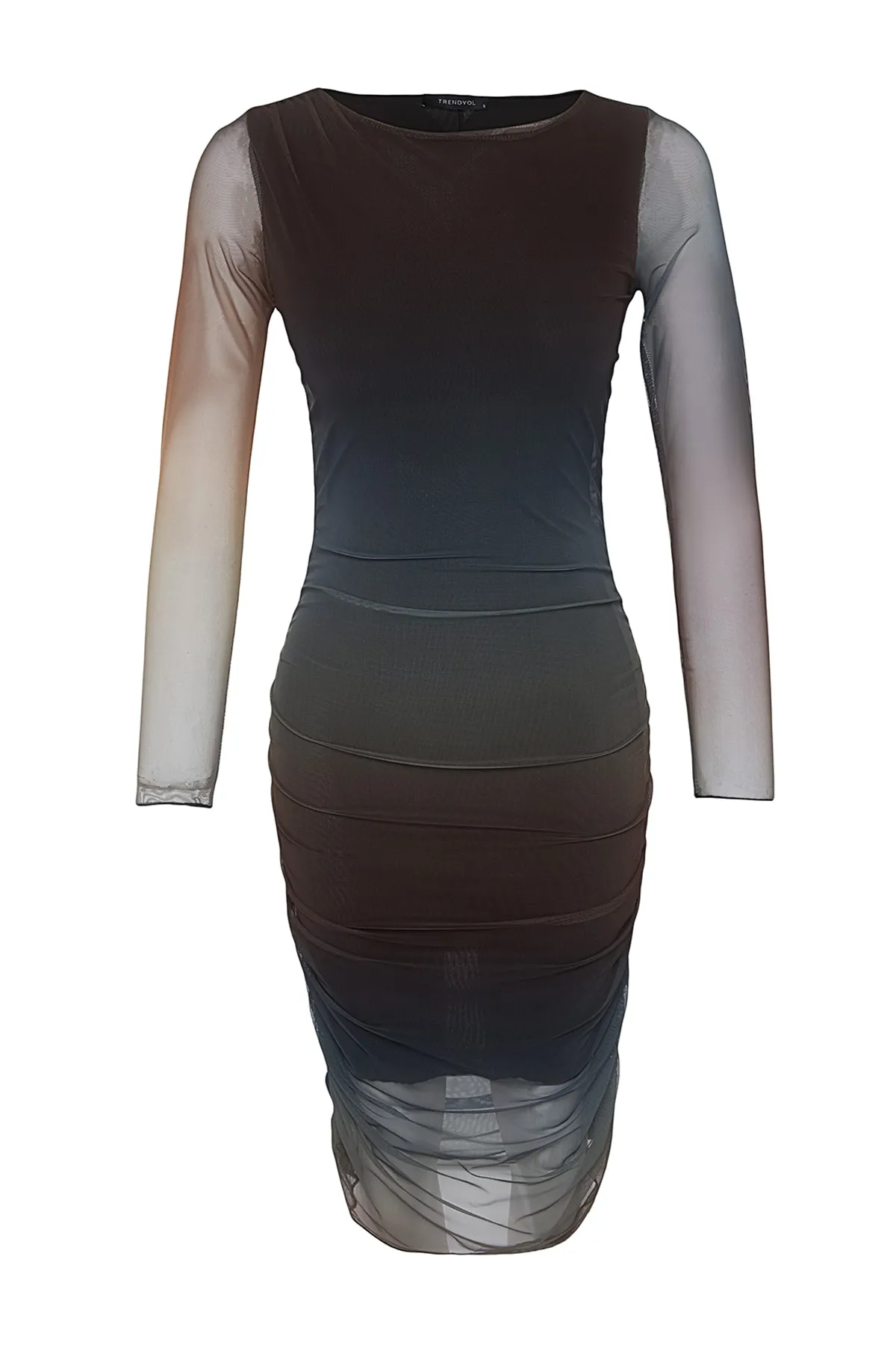Trendyol Collection  Mehrfarbiges, bedrucktes, gesmoktes, eng anliegendes Mini-Strickkleid mit Rundhalsausschnitt TWOAW24EL00166