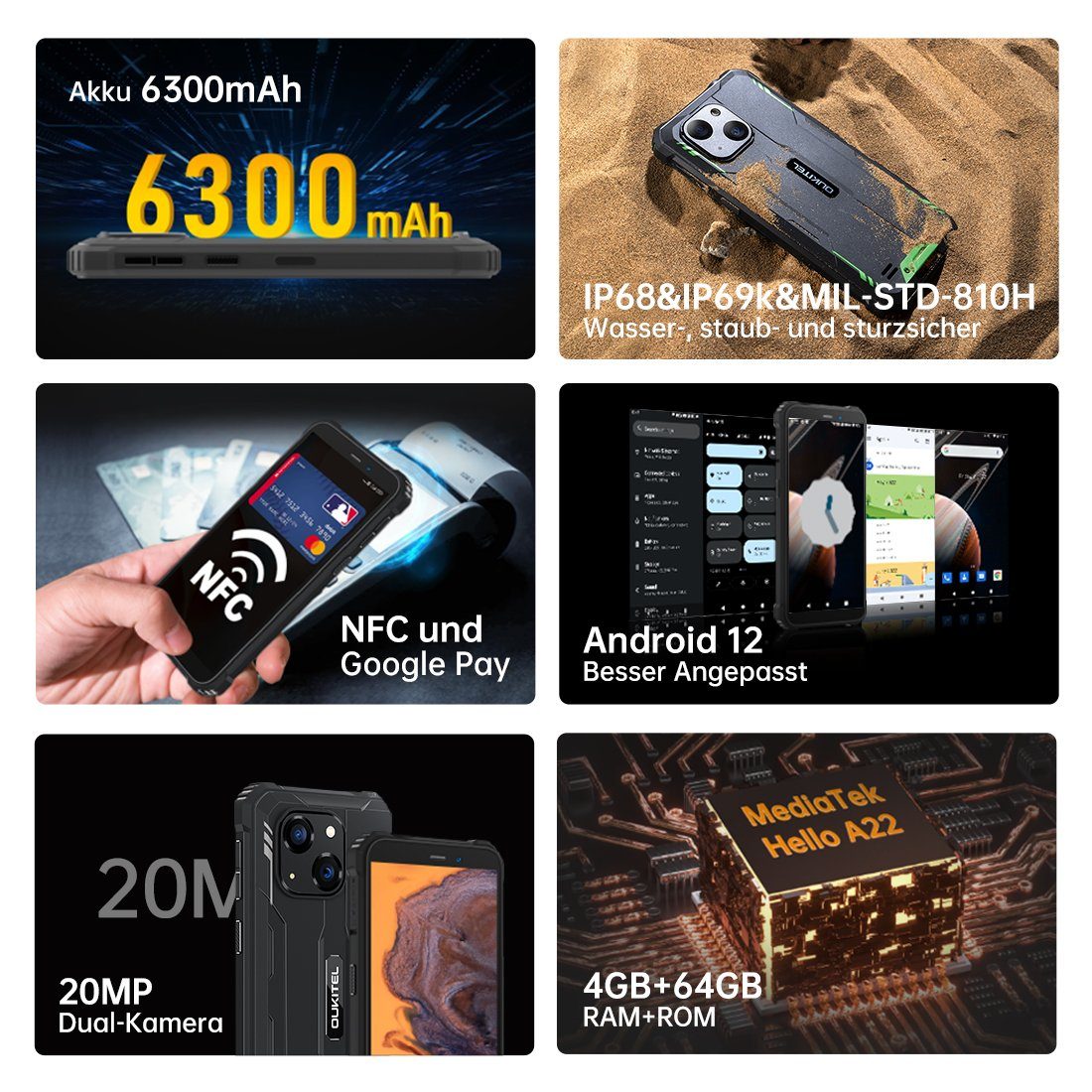 OUKITEL WP 20 pro, [Außentelefon], 6300 mAh, 4GB RAM+64GB ROM Smartphone (5,93 Zoll, 64 GB Speicherplatz, 20 MP MP Kamera, wasserdicht, staubdicht, sturzsicher, 20MP Samsung Hauptkamera)
