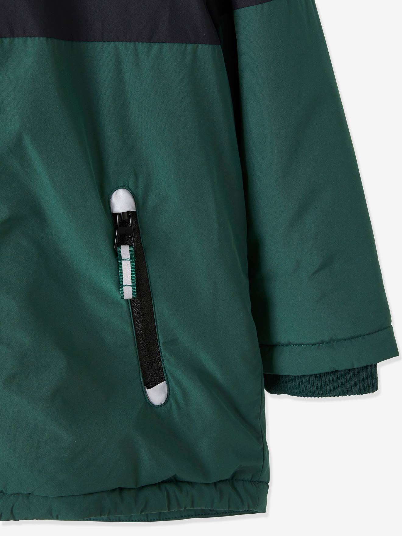 Parka longue à capuche color block garçon. vert