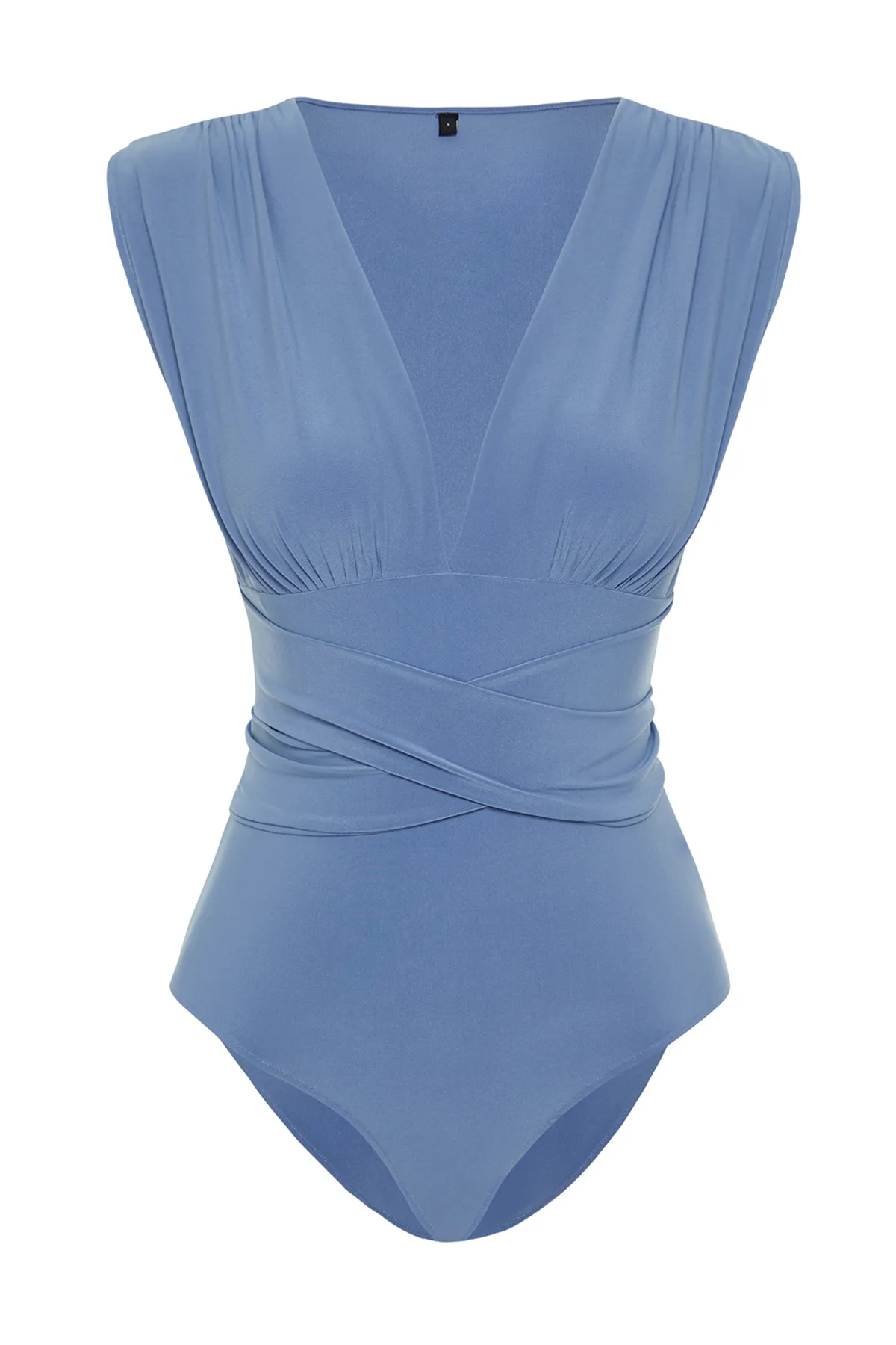 Trendyol Collection  Blauer Strick-Body mit Schnürung, detailliertem V-Ausschnitt und flexiblem Druckknopfverschluss TWOSS23BD00055