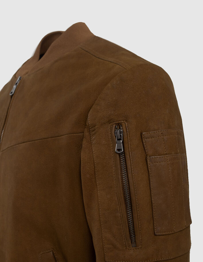 Bomber beige en cuir à poches zippées Homme