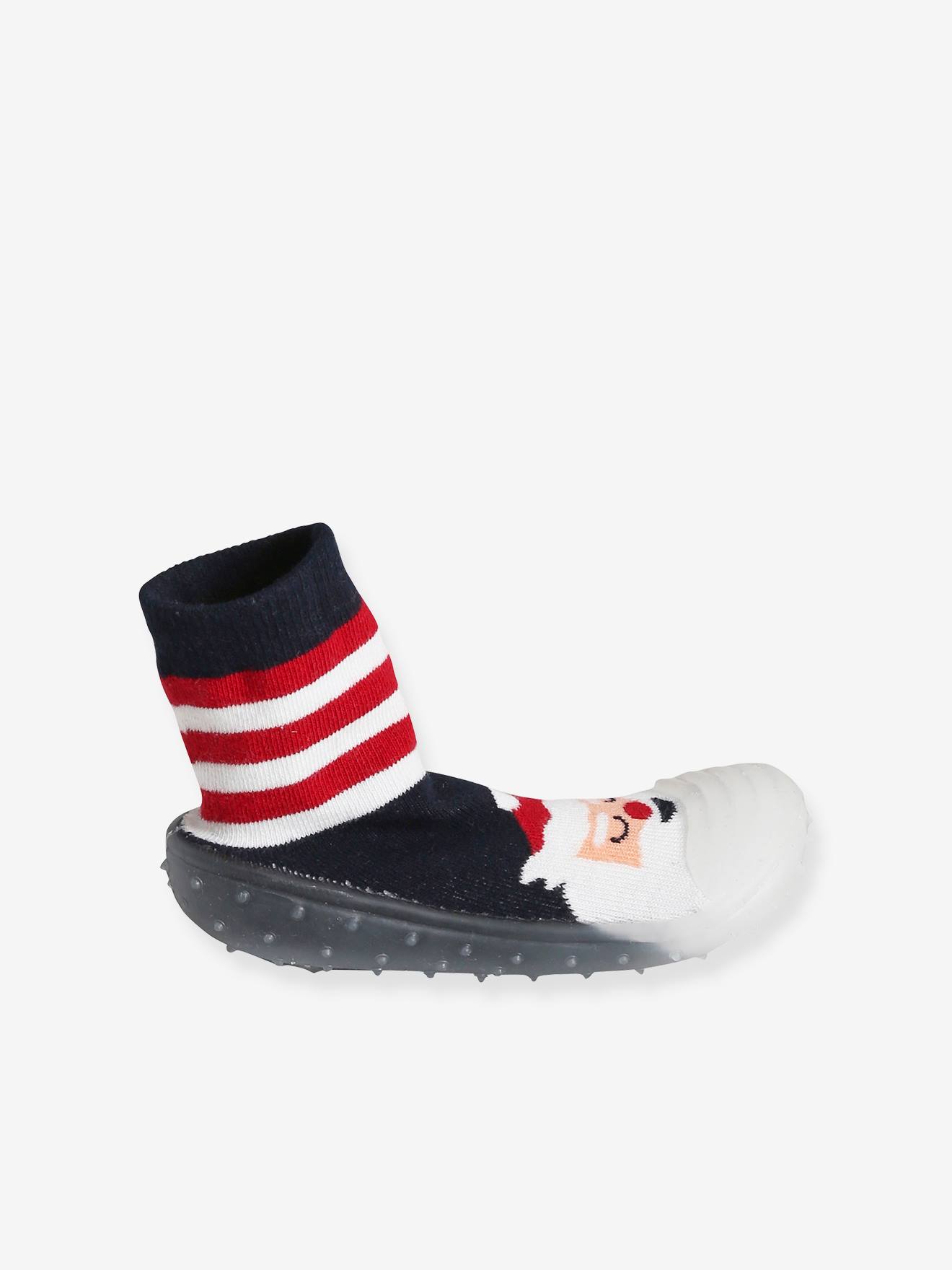 Chaussons-chaussettes de Noël enfant antidérapants rayé rouge