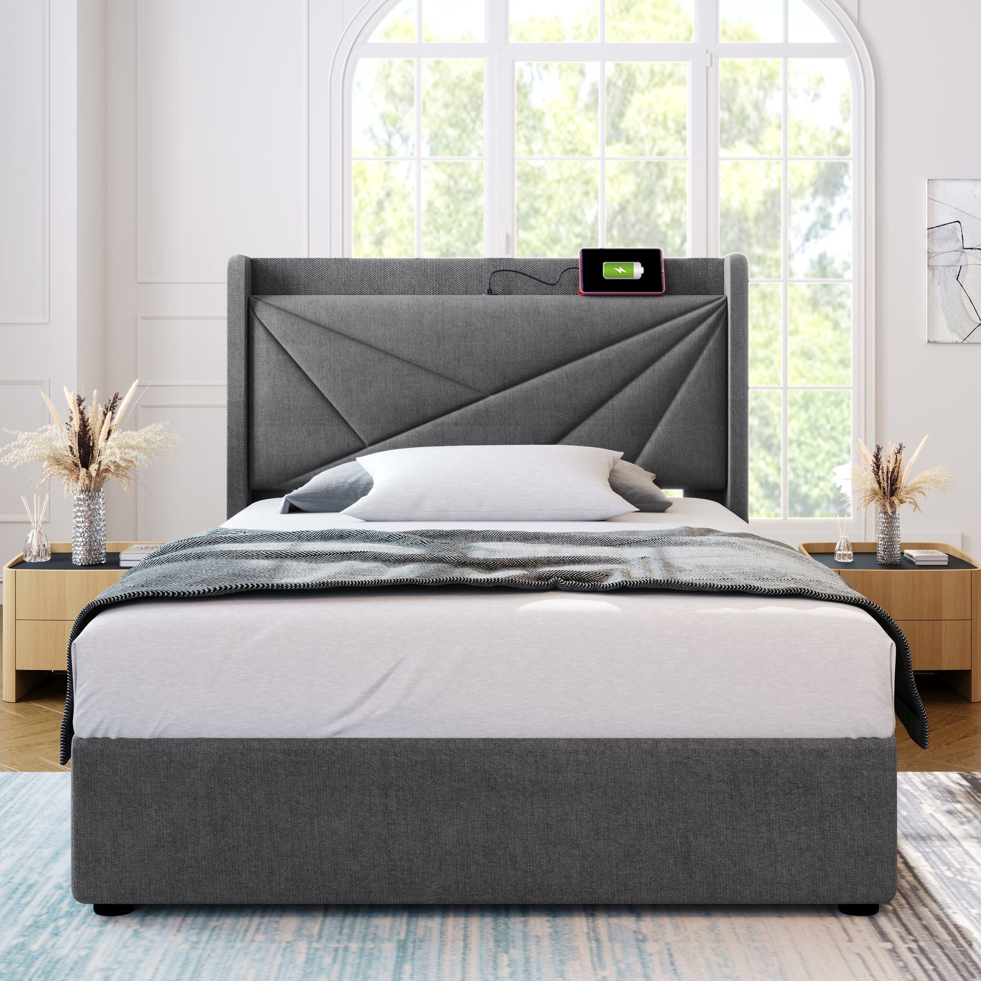 Ulife Polsterbett Doppelbett Stauraumbett mit USB /Typ C, Ladefunktion, Leinen, 90 × 200 cm