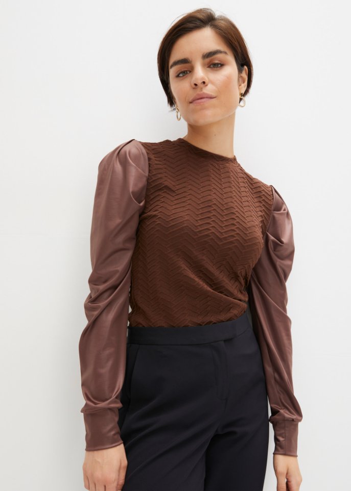 Langarmshirt mit Lederimitatärmeln