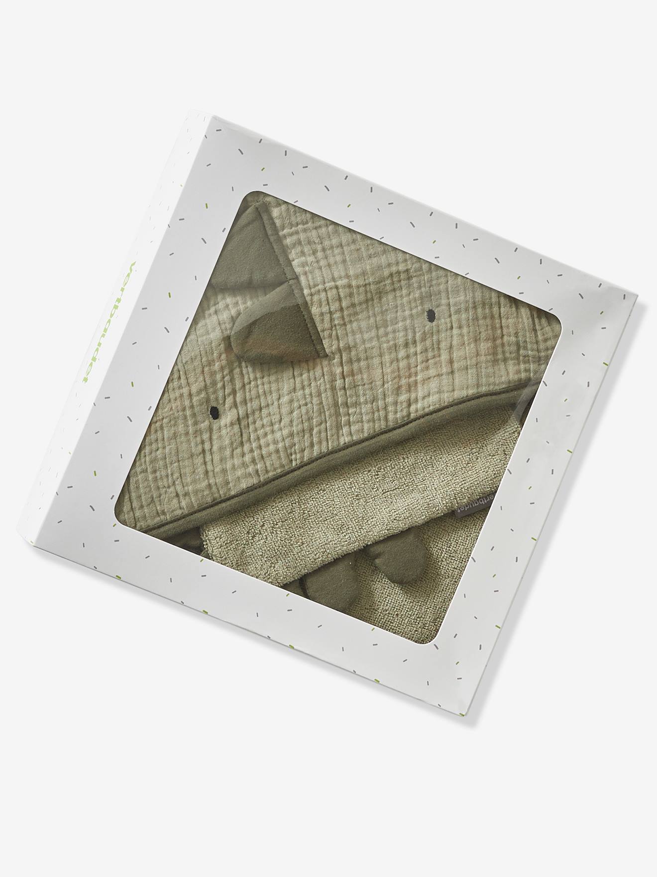 Vertbaudet Baby Kapuzenbadetuch & Waschhandschuh KLEINER DINO Oeko Tex - blau
