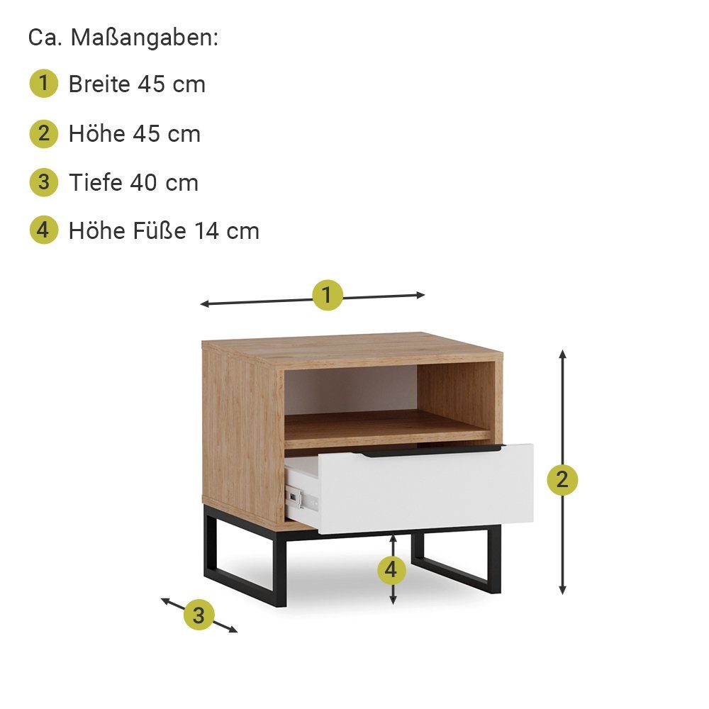 Lomadox Jugendzimmer-Set LUZZI-132, (Sparset, 4-tlg), Eiche Nb. mit weiß, Kleiderschrank, Nachttisch, Bett, Kommode