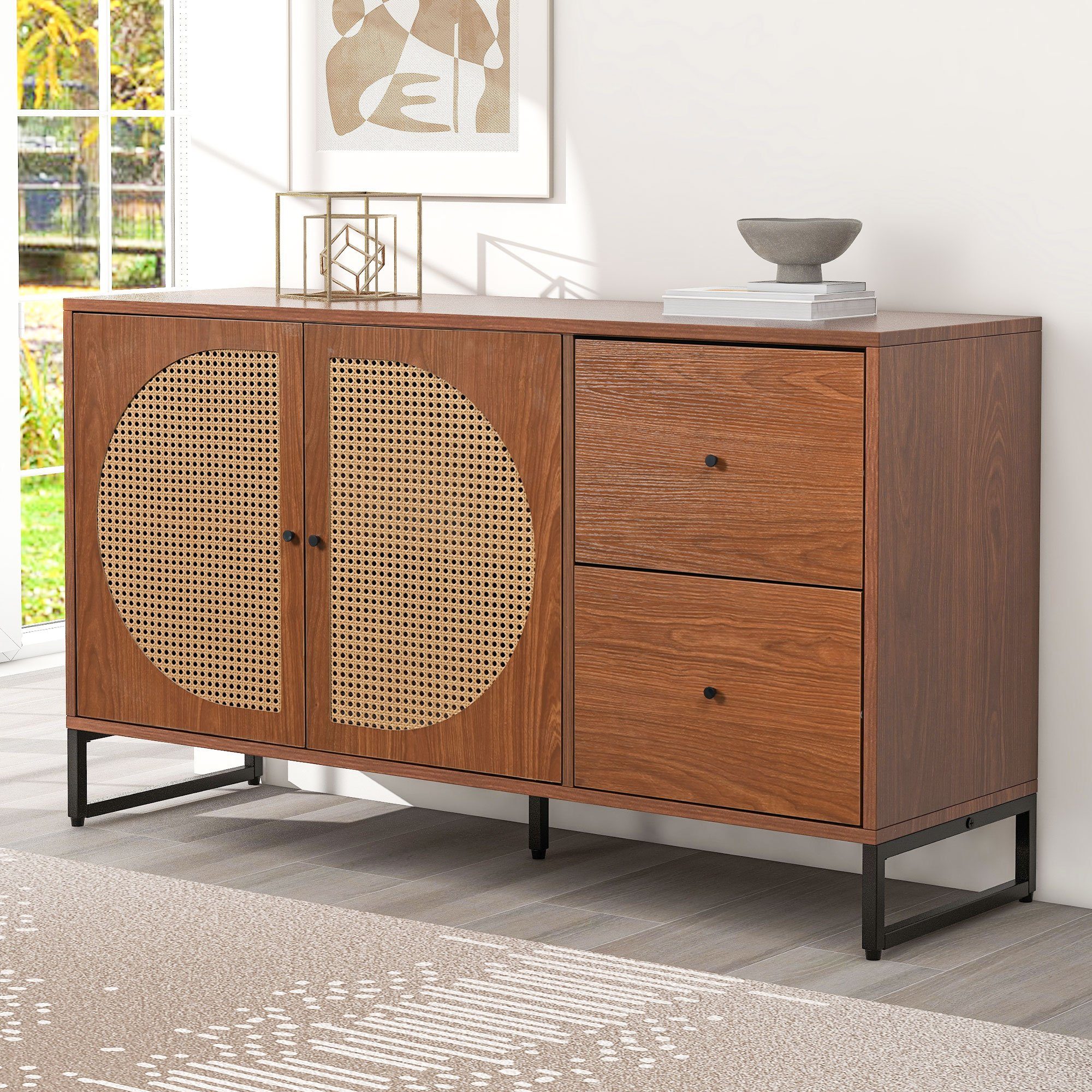 REDOM Sideboard Kommode Mehrzweckschrank (mit 2 Rattan verzierten Türen und 2 Schubladen Kommode Küchenschrank), Highboard mit Metallgriffe