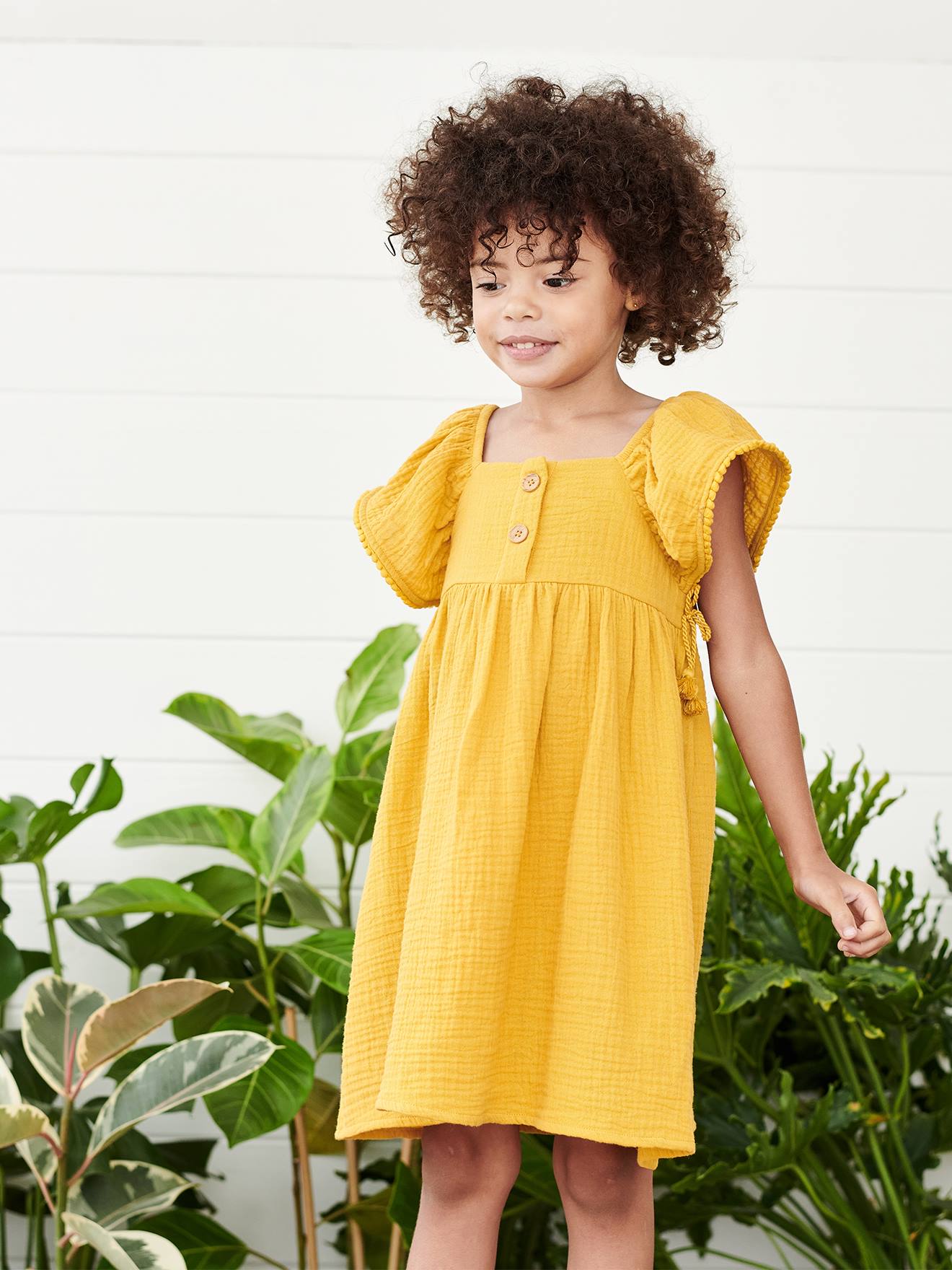 Robe en gaze de coton détails fantaisie fille moutarde