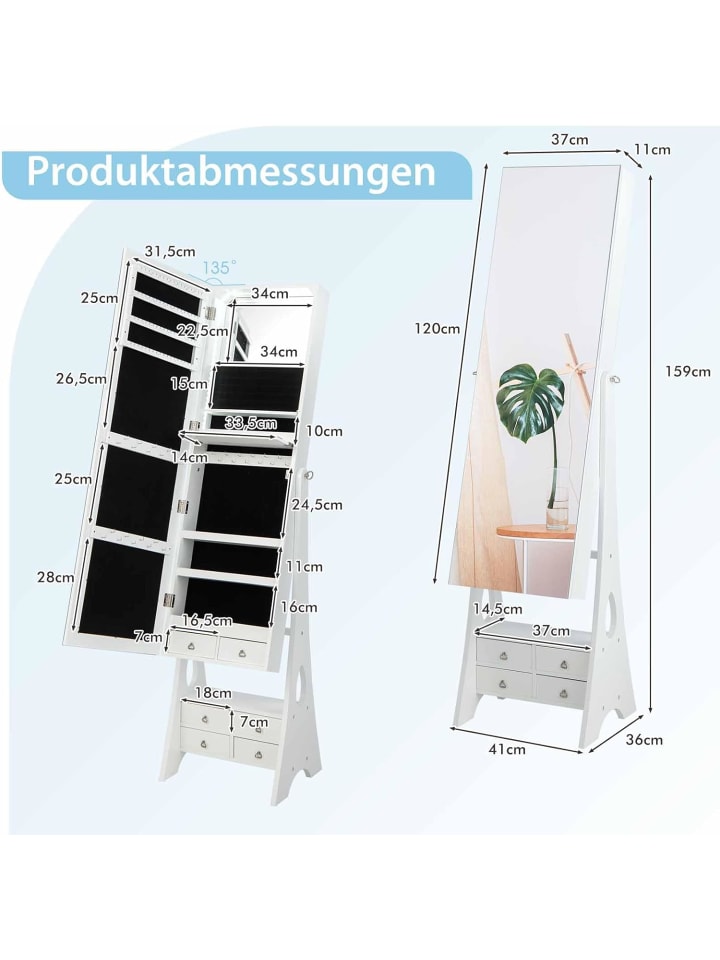 COSTWAY Schmuckschrank mit Beleuchtung in Weiß günstig kaufen onesize