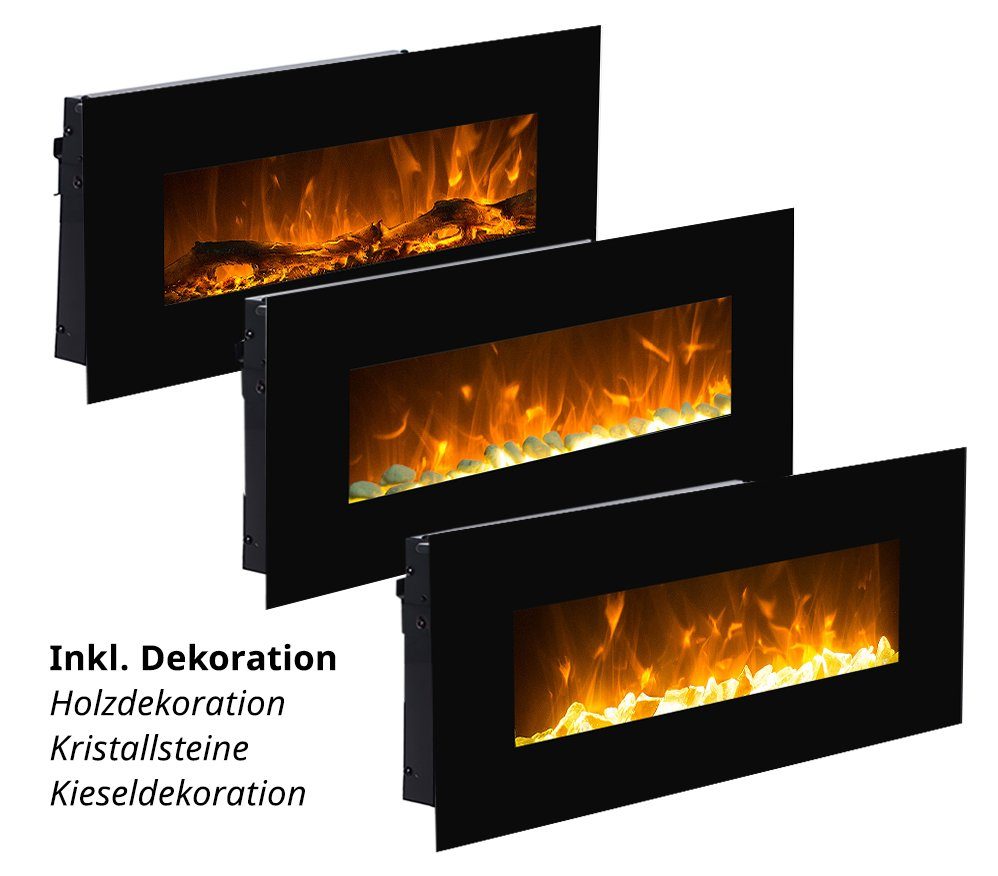 GLOW FIRE Elektrokamin Neptun Wandkamin elektrisch mit Heizung, Elektrischer Kamin mit Fernbedienung, Timer, 3 Dekorationen, LED Feuer