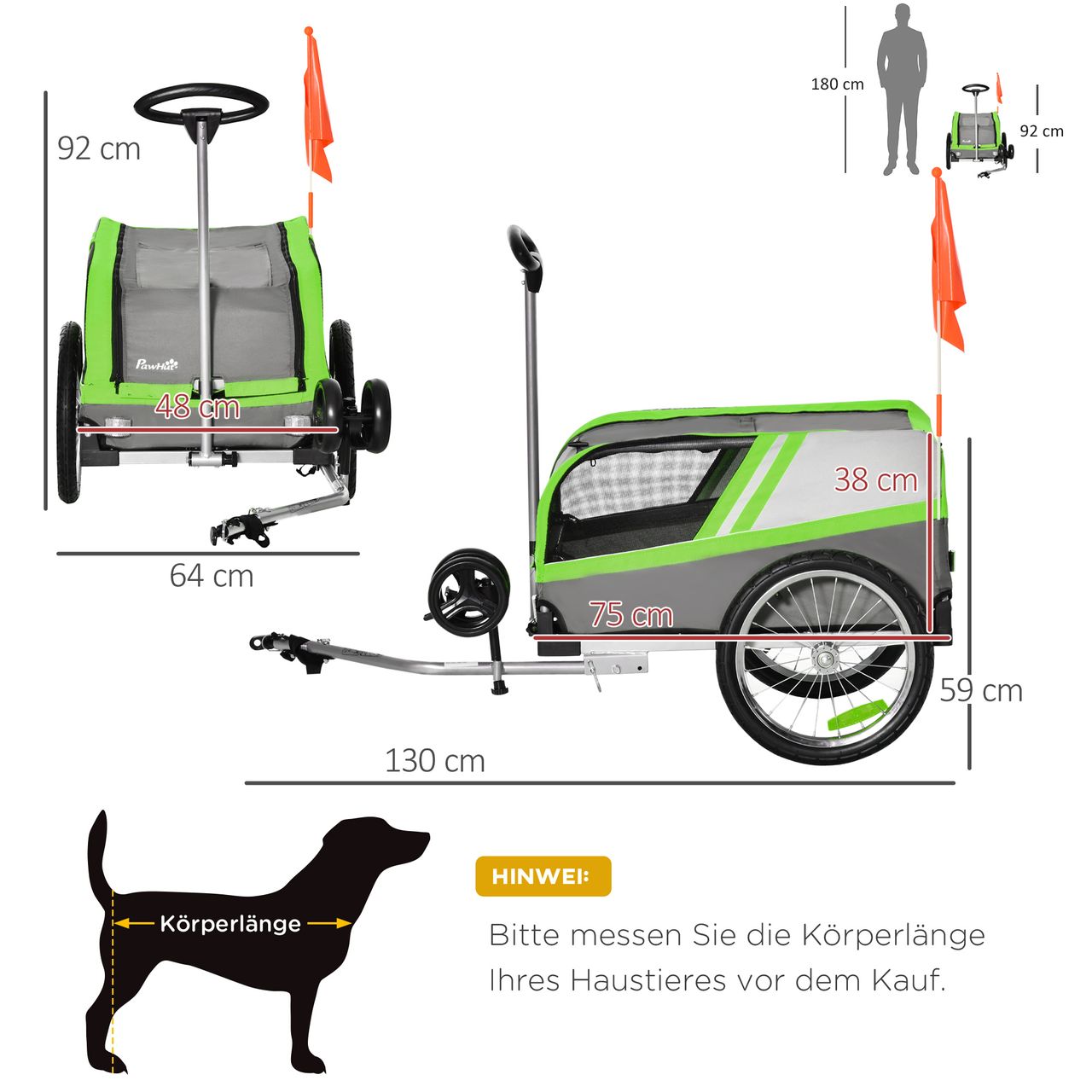 PawHut 2-in-1 Hundeanhänger Trolley für Haustier Lastenanhänger Grün Grau