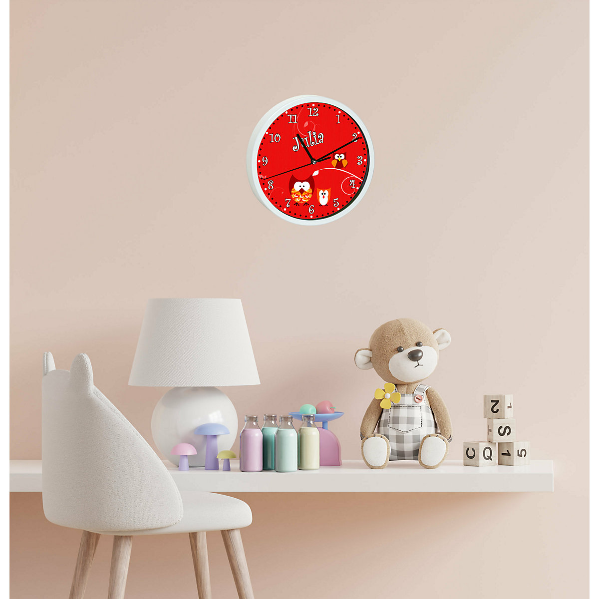 Kinder Wanduhr personalisiert mit Name Eule Rot