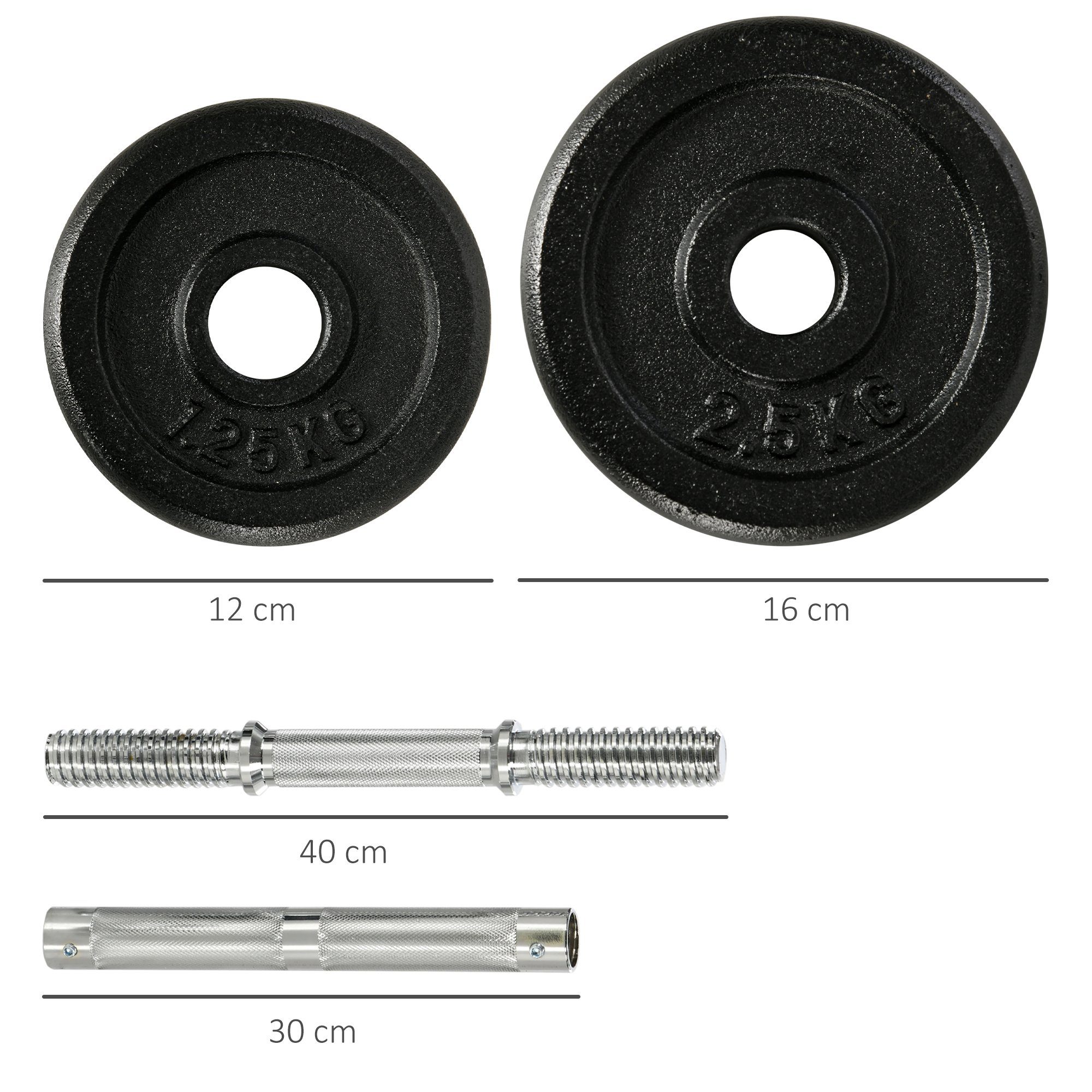 HOMCOM Hantel-Set Langhantel & Kurzhantel Set, 12 Hantelscheiben, (Set, mit Kurzhantelstangen), 8 x 2,5KG, 4 x 1,25KG