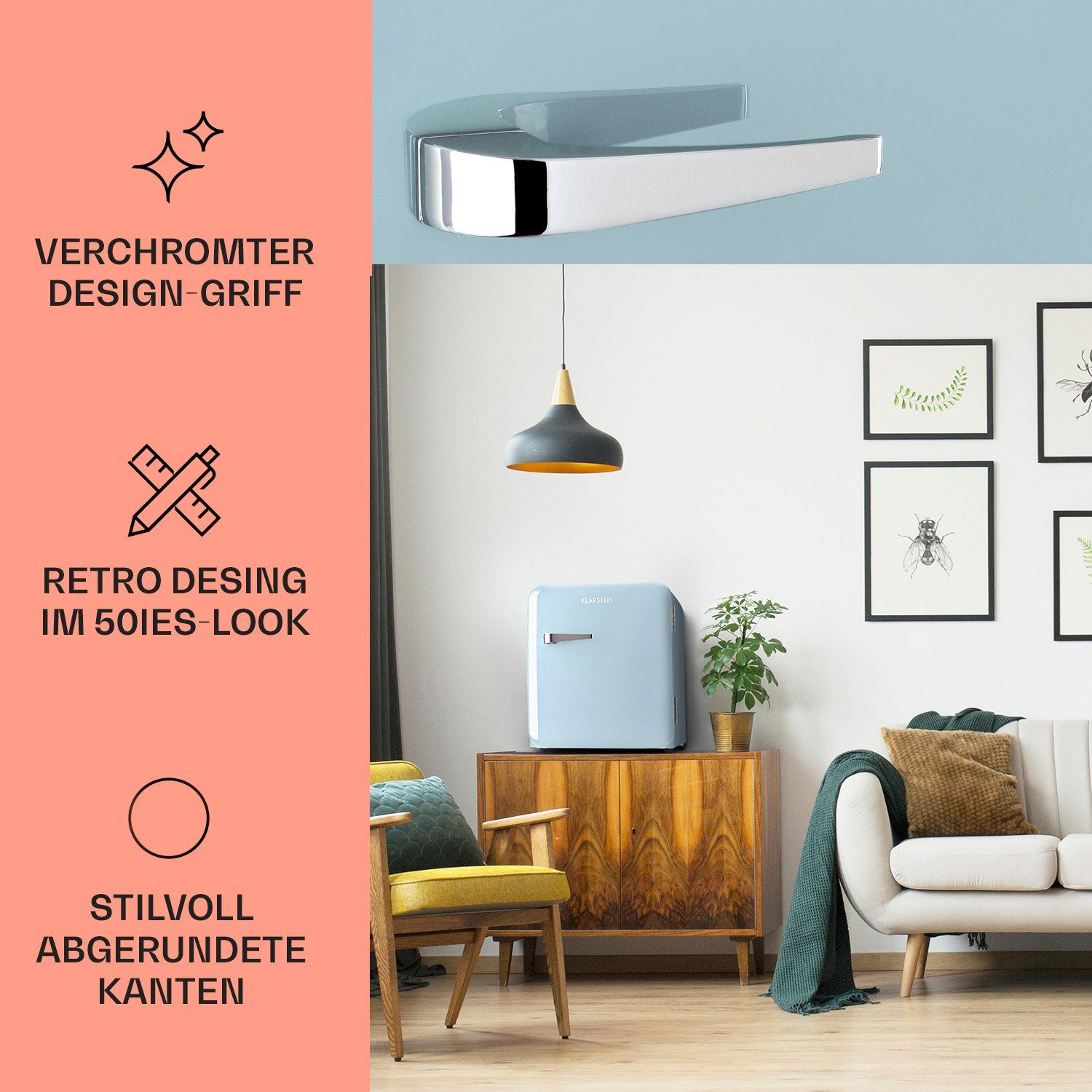Klarstein Table Top Kühlschrank HEA13-Audrey-blue 10035309A, 50 cm hoch, 44 cm breit, Hausbar Minikühlschrank mit Gefrierfach Getränkekühlschrank klein