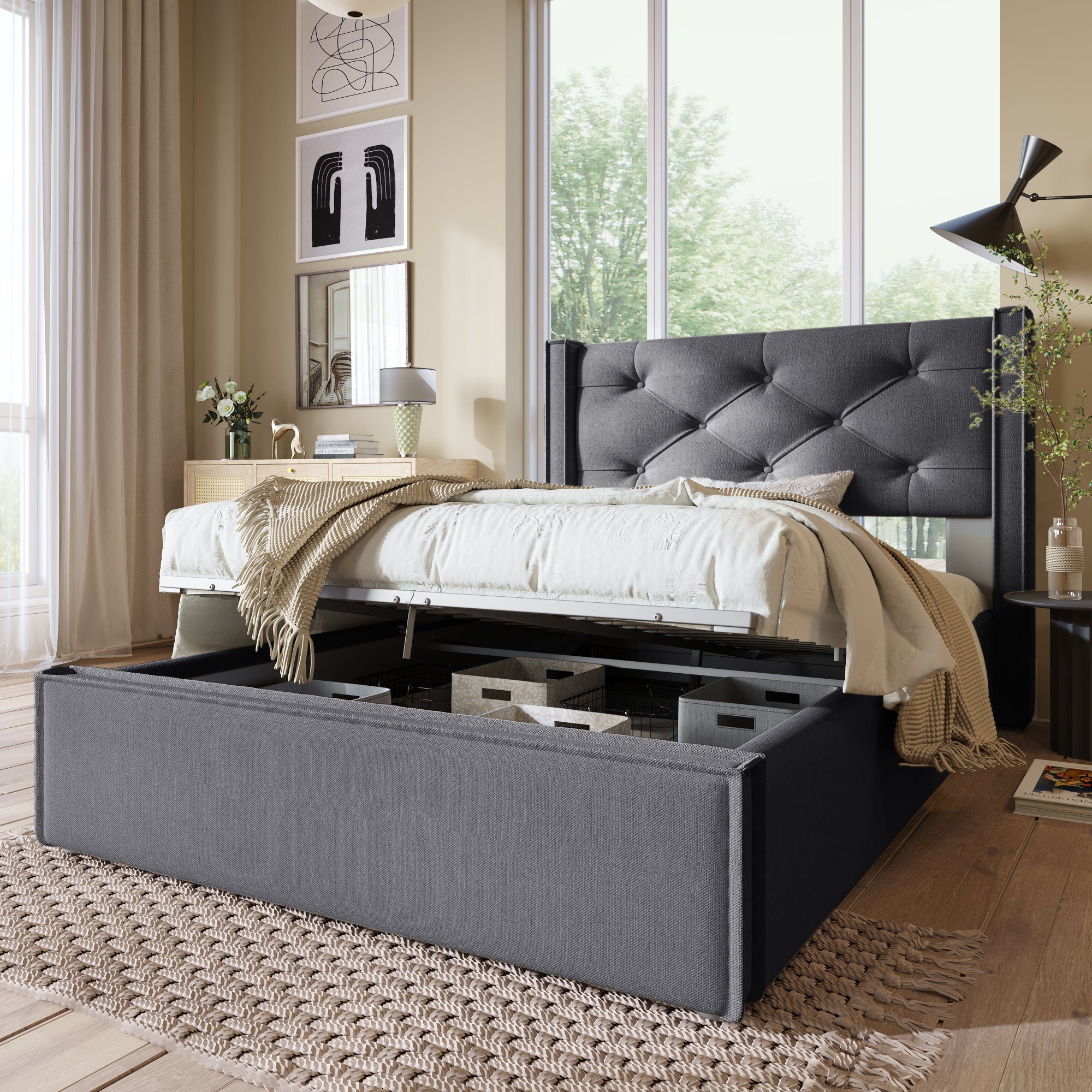 PHOEBE CAT Boxspringbett (Polsterbett Einzelbett 90x200 cm mit edler Knopfheftung), Hydraulisches Funktionsbett mit Bettkasten und Lattenrost, Baumwolle