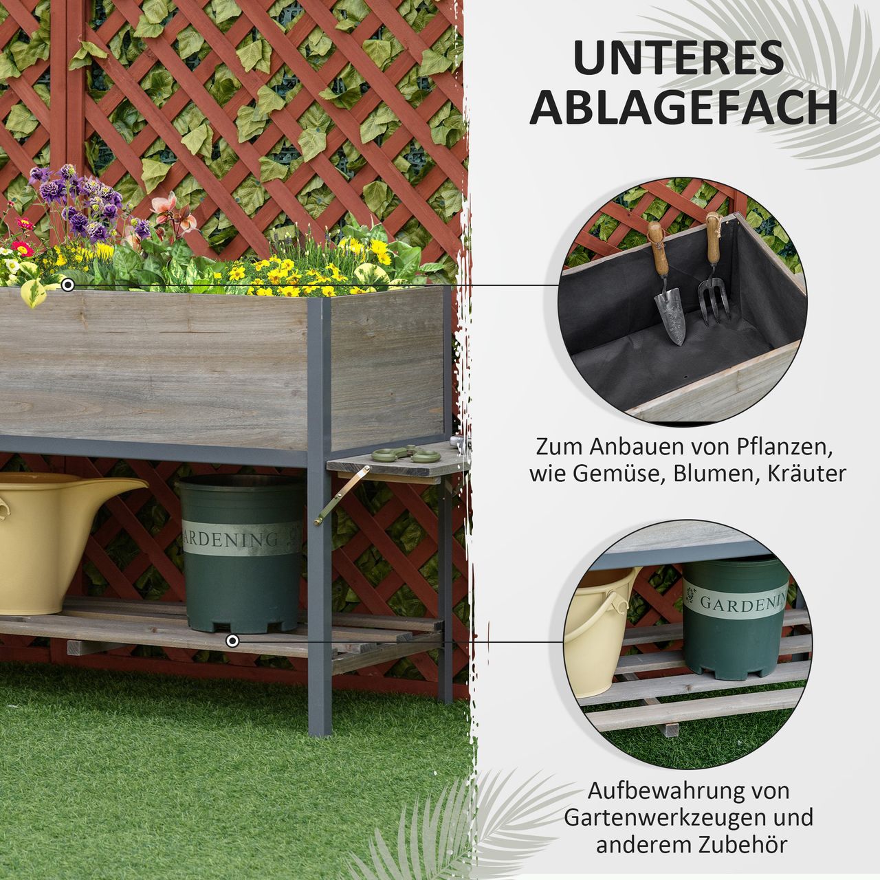 Outsunny Hochbeet Pflanzkasten mit 2 faltbaren Ablagen Blumenkasten Massivholz