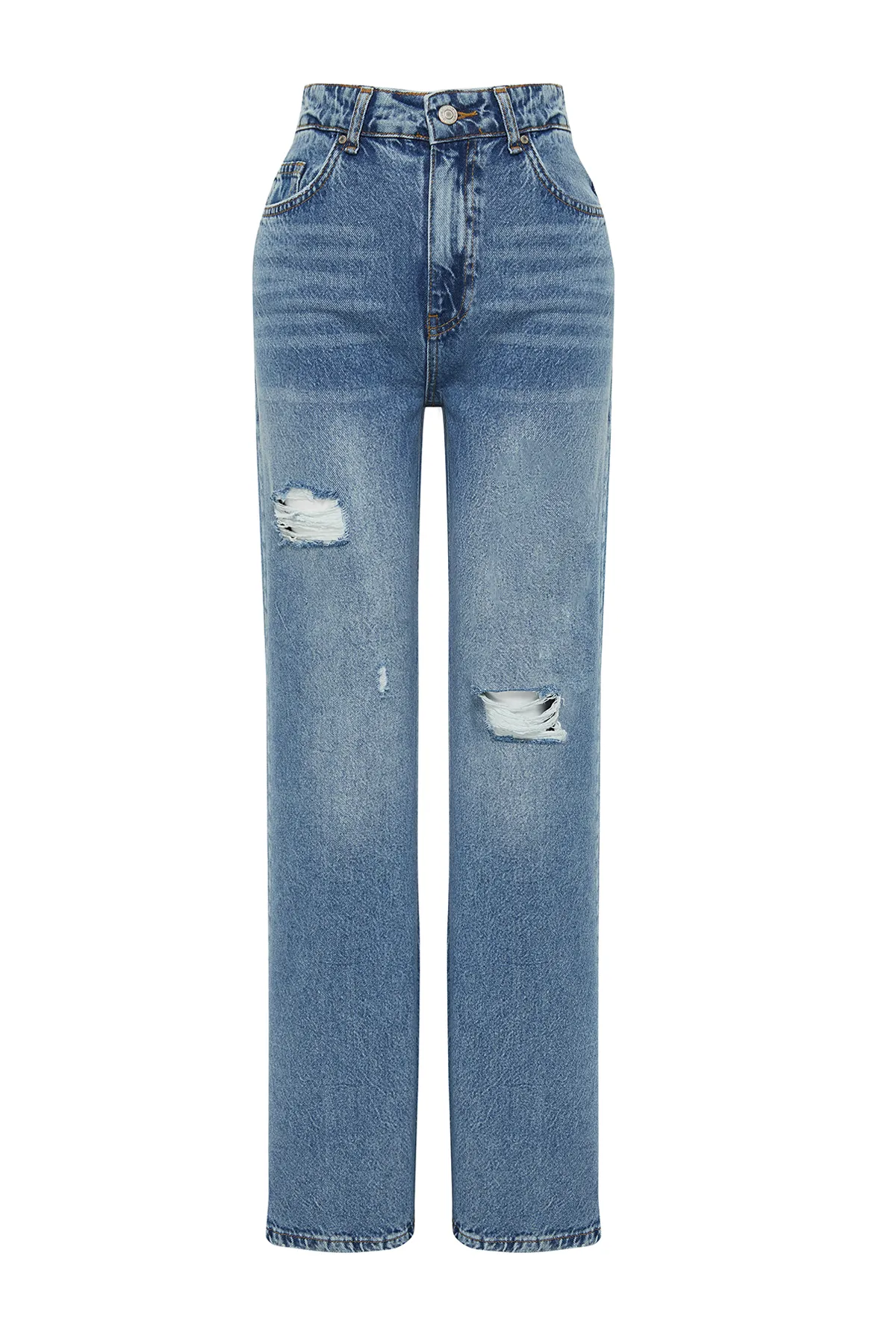 Trendyol Collection  Blaue zerrissene Jeans mit weitem Bein und hoher Taille TWOSS24JE00073