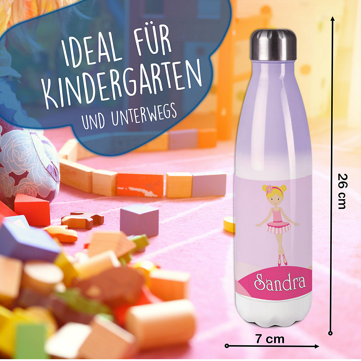 Edelstahl Kinder Thermoflasche / Trinkflasche bunt Balerina Spülmaschinenfest, Auslaufsicher, Bruchfest, Doppelwandig, Für Heißgetränke geeignet, Mit Deckel, Isoliert