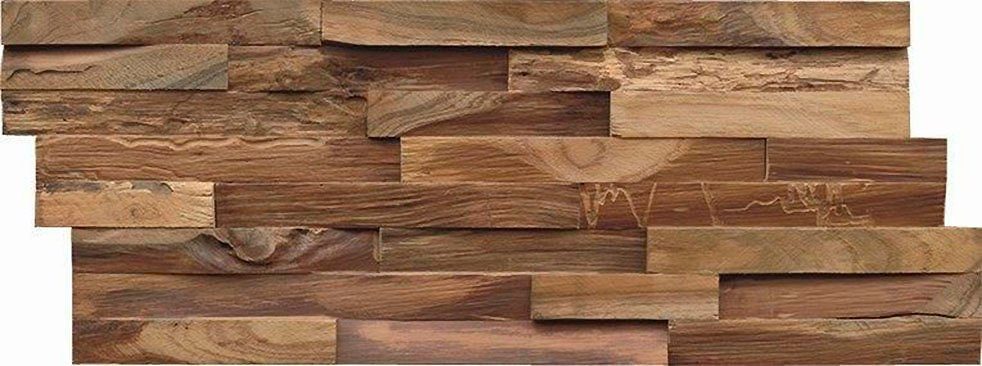 Wandpaneel Indo Echtholzpaneel Teak Elegance, BxL: 20x50 cm, 0,1 qm, (Packung, 10-tlg) schallreduzierende Wandverkleidung mit 3D-Effekt