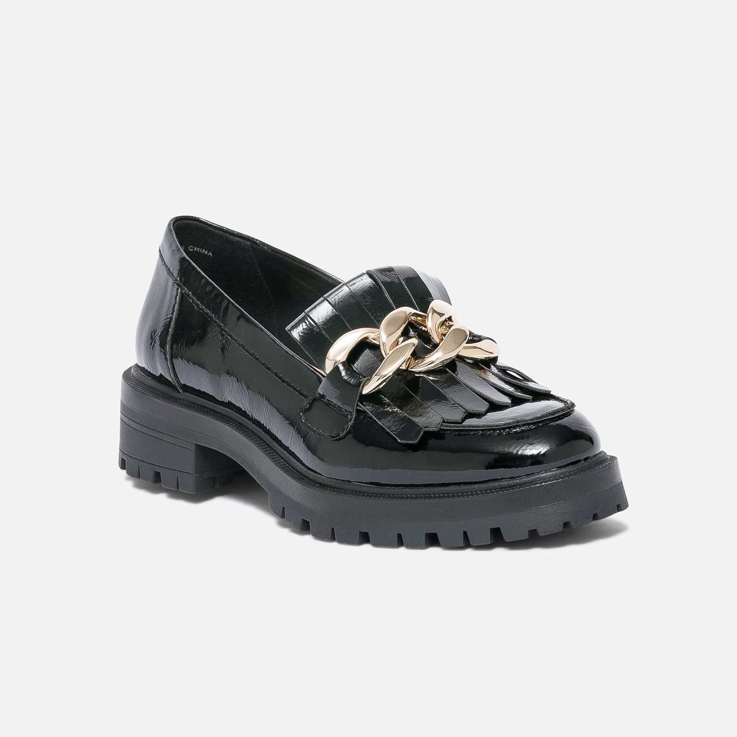 Mocassin TEXTO noir verni à patte frangée