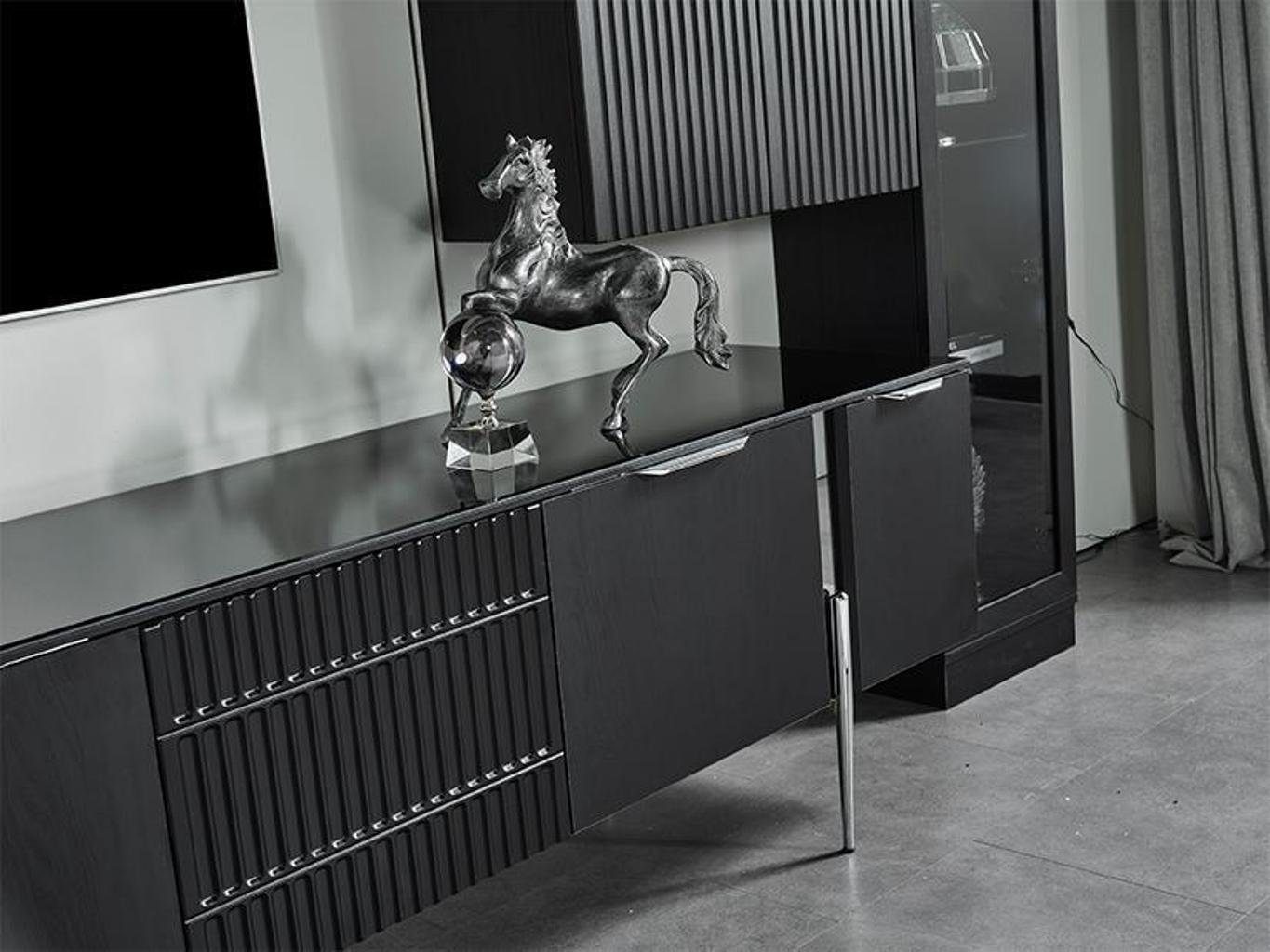 JVmoebel Wohnwand Schwarzer TV-Ständer Designer Wohnzimmer Möbel Luxus Wandschrank 3tlg, (1-St., Vitrine, TV Ständer, Wandschrank), Made in Europa