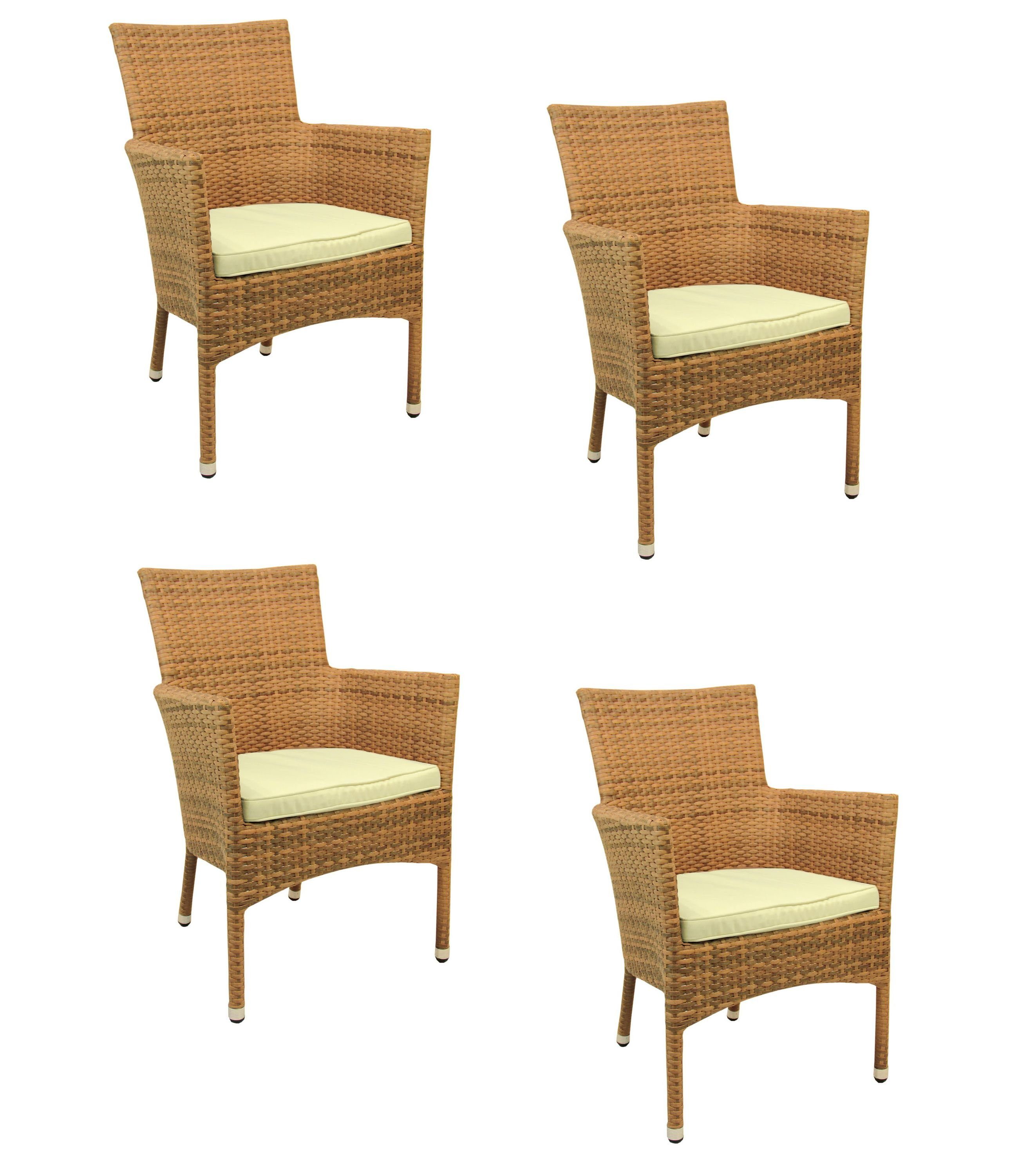 Konway Stapelstuhl MILANO (4 St), 4x KONWAY® MILANO Stapelsessel tabaco + Sitzkissen Polyrattan Sessel