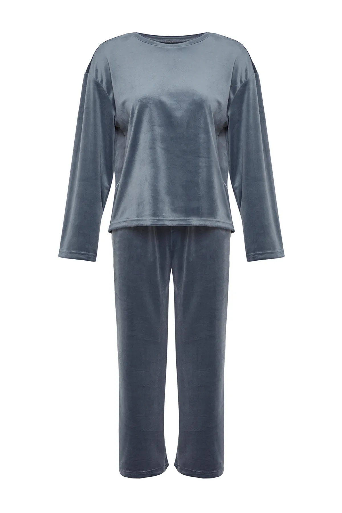 Trendyol Collection  Blaues, weiches T-Shirt-Capri-Pyjama-Set aus Samt THMAW24PT00165