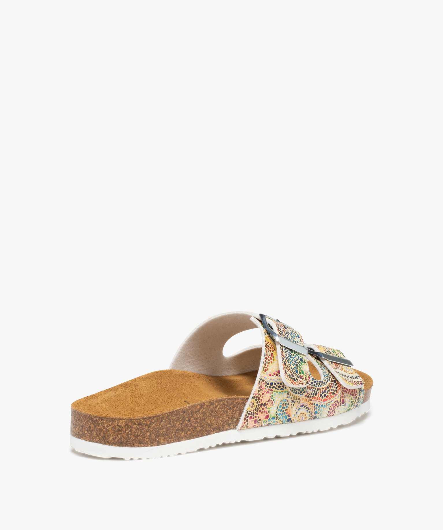 Mules femme à brides imprimées et semelle liège jaune | GEMO