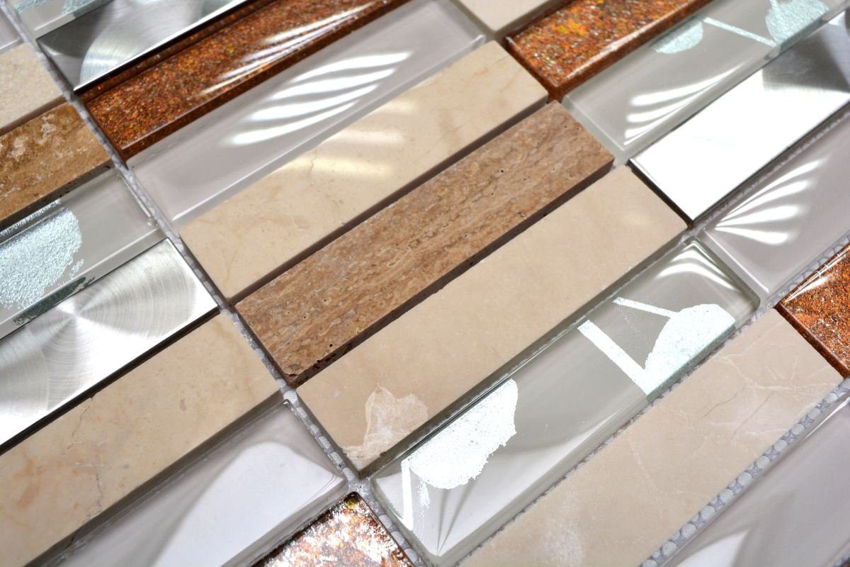Mosani Mosaikfliesen Glasmosaik Naturstein Edelstahl Mosaik beige glänzend / 10 Matten