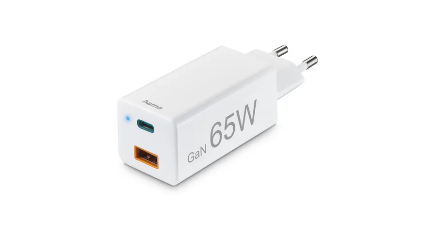 Hama Schnellladegerät, GaN, 1x USB-C PD, 1x USB-A QC, Mini-Ladegerät, 65 W, Weiß