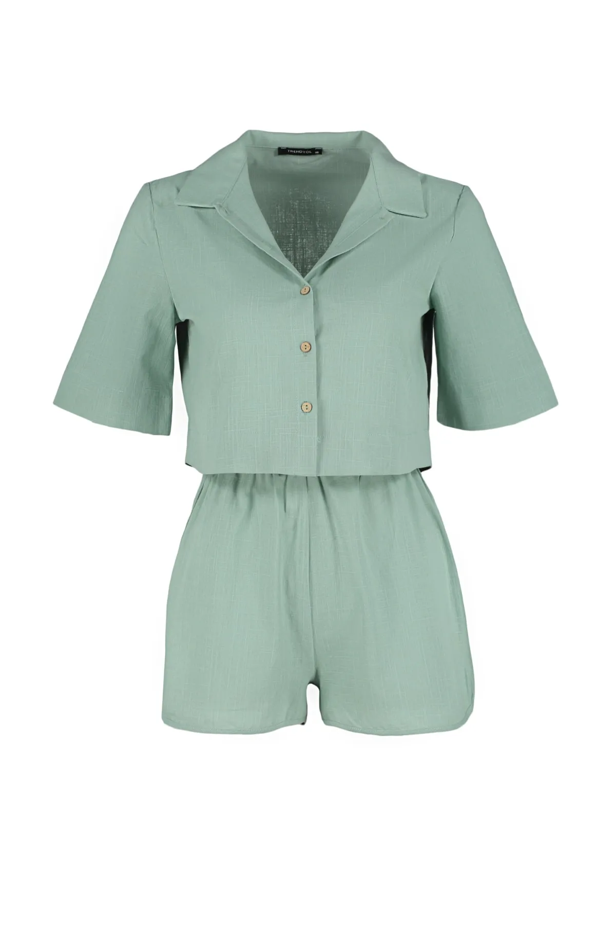 Trendyol Collection  Mintgrünes gewebtes Hemd-Shorts-Set aus 100 % Baumwolle TBESS21AU0168
