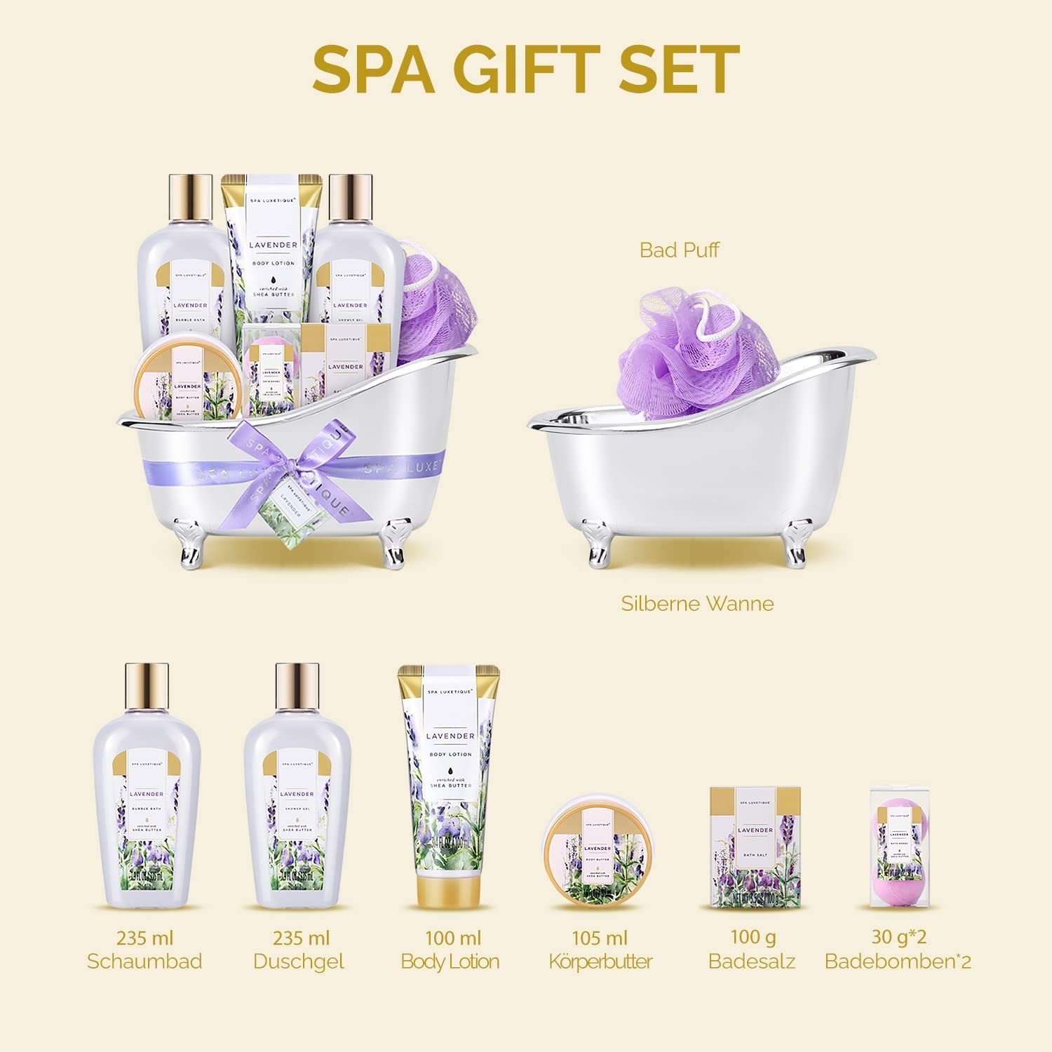 Spa luxetique Pflege-Geschenkset Bade Geschenkset für Frauen, 8-tlg., Lavendelduft Wellness Set für Frauen mit Deko Badewanne