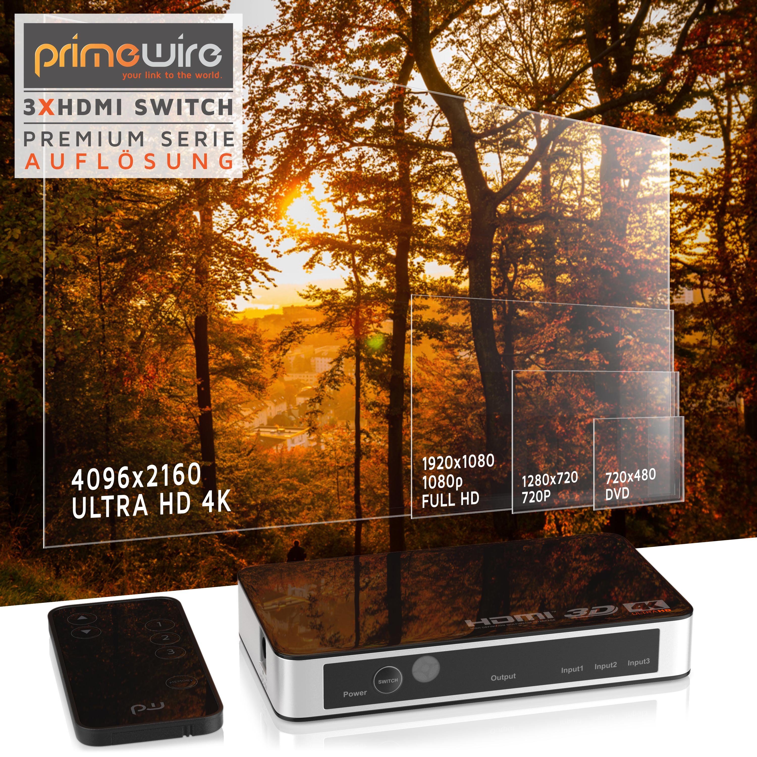 Primewire Audio / Video Matrix-Switch, 3-Port HDMI UHD Switch, Verteiler 4k 60Hz Umschalter mit Fernbedienung