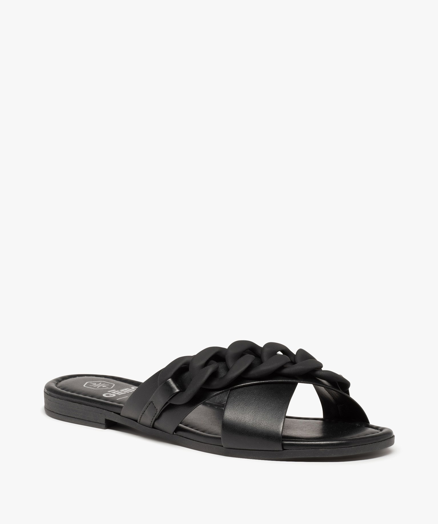 Mules femme à talon plat avec maillons de chane mats noir | GEMO